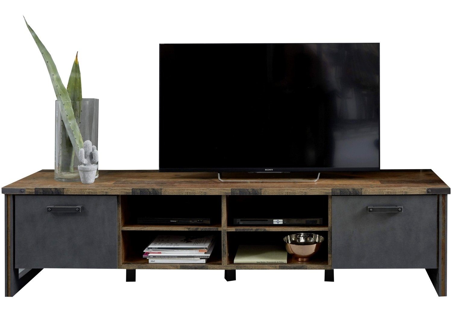 Lowboard TV-Lowboard PRIME, B 207 cm, Old Wood Dekor, 2 Klappen, 4 offene Fächer