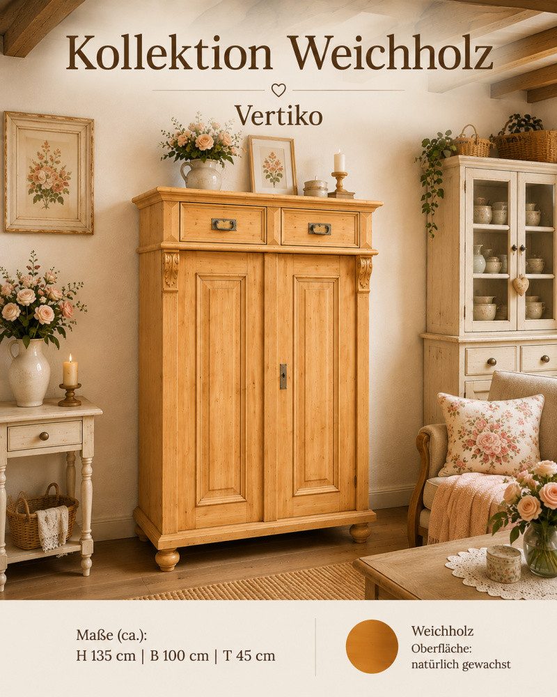 Wohnpalast Vertiko Premium Jugendstil Vertiko aus Weichholz – 100 cm gewachst, Landhaus-S