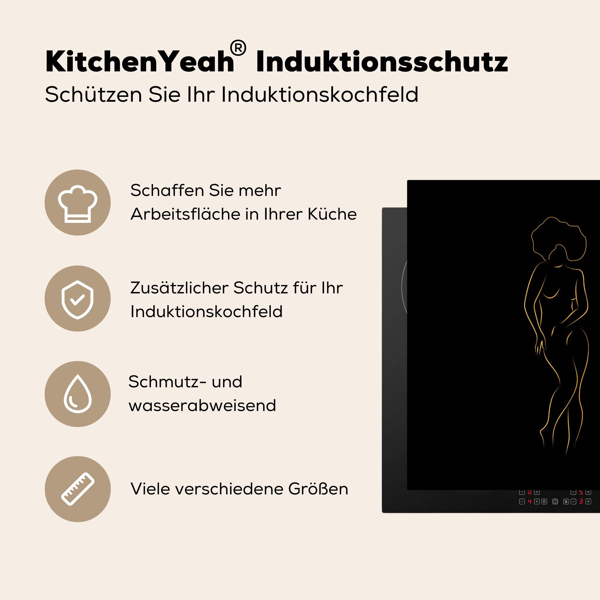 Schwarz Strichzeichnung, MuchoWow cm, Vinyl, tlg), für Gold Herdblende-/Abdeckplatte - - Ceranfeldabdeckung, (1 78x78 Frau küche Arbeitsplatte -
