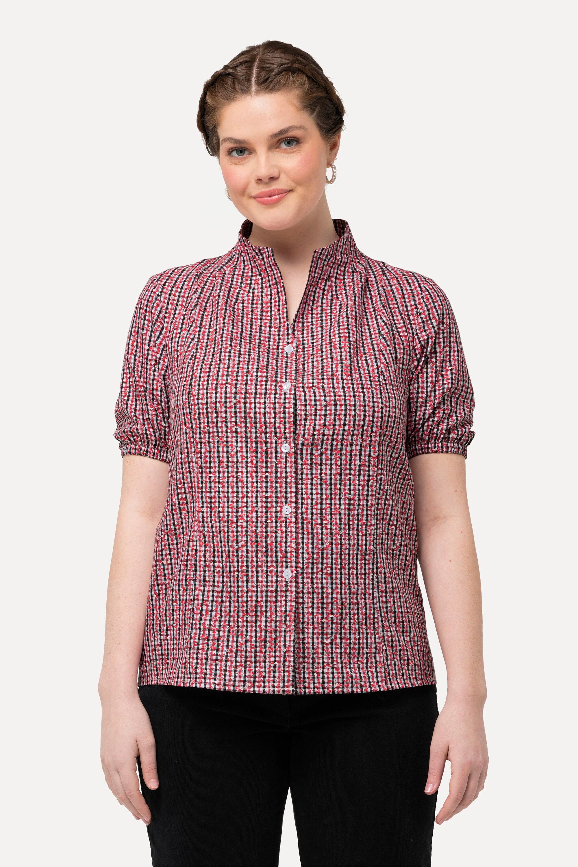Ulla Popken Longbluse Trachtenbluse Karo Kelchkragen günstig online kaufen
