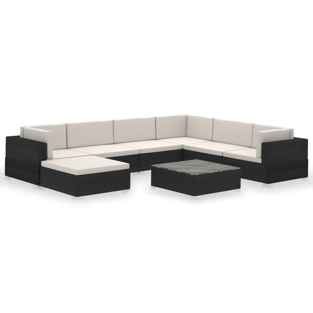 vidaXL Gartenlounge-Set 8-tlg. Poly (8-tlg) Schwarz, mit Auflagen Rattan Garten-Lounge-Set