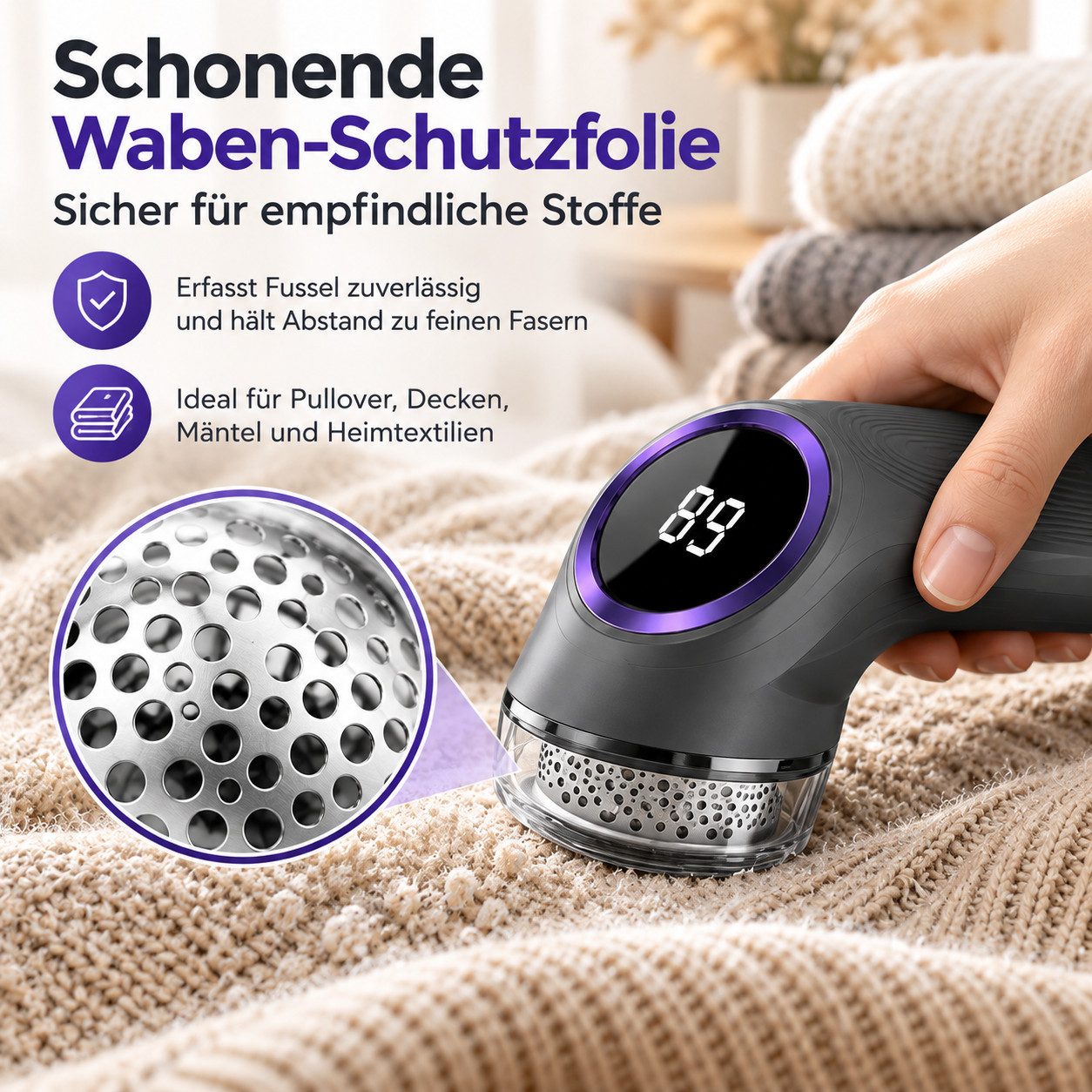 Luckice Fusselroller Fusselentferner mit digitaler Anzeige, inkl. 4 Ersatzklingenköpfe, 6‑fach‑Klingenkopf mit großer Fläche, schonende Waben‑Schutzfolie – Bild 4 von 5