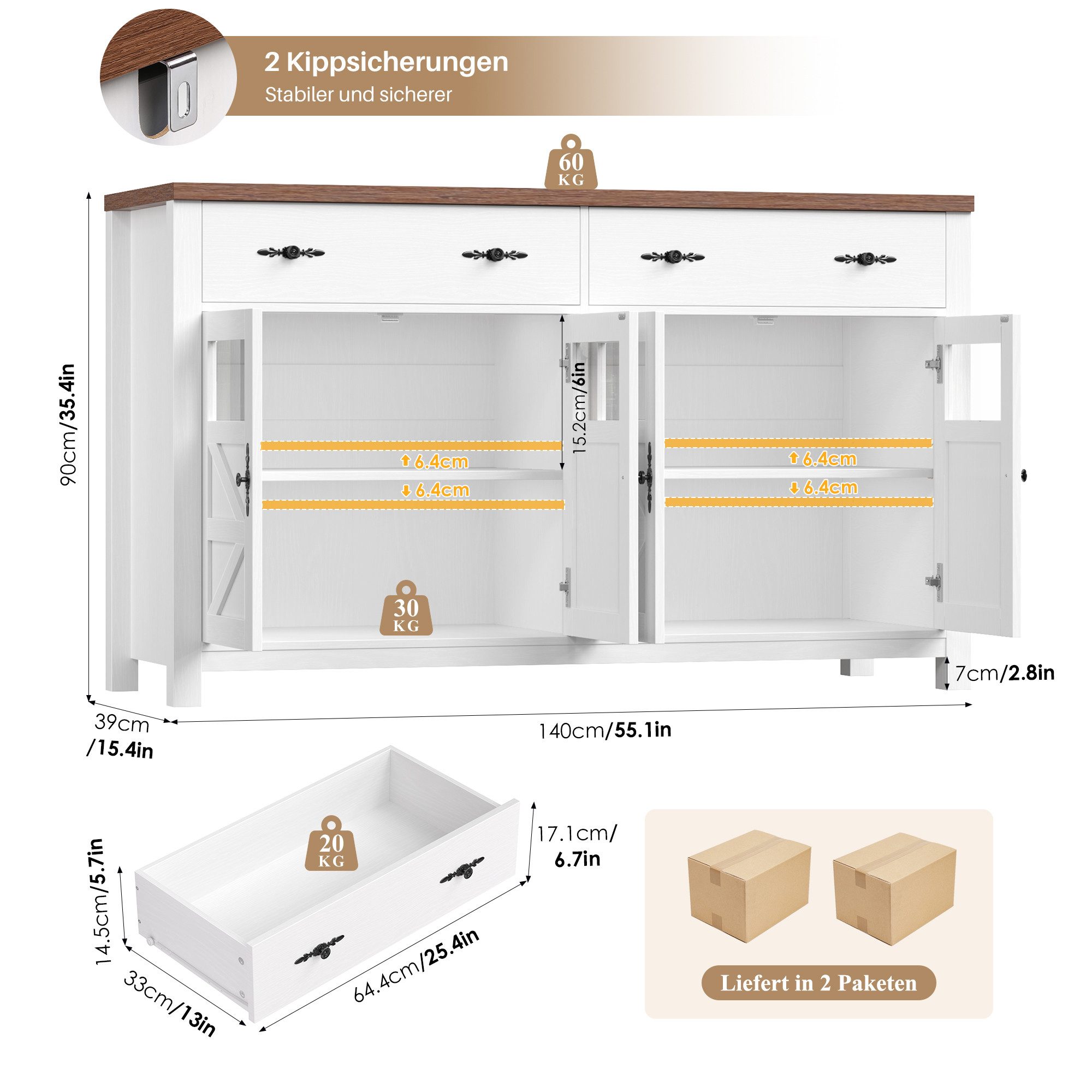 Homfa Sideboard Küchenschrank Buffetschrank Küchenbuffet, mit 2 Schubladen 4 Glastüren für Wohnzimmer Küche 140x40x90 cm weiß