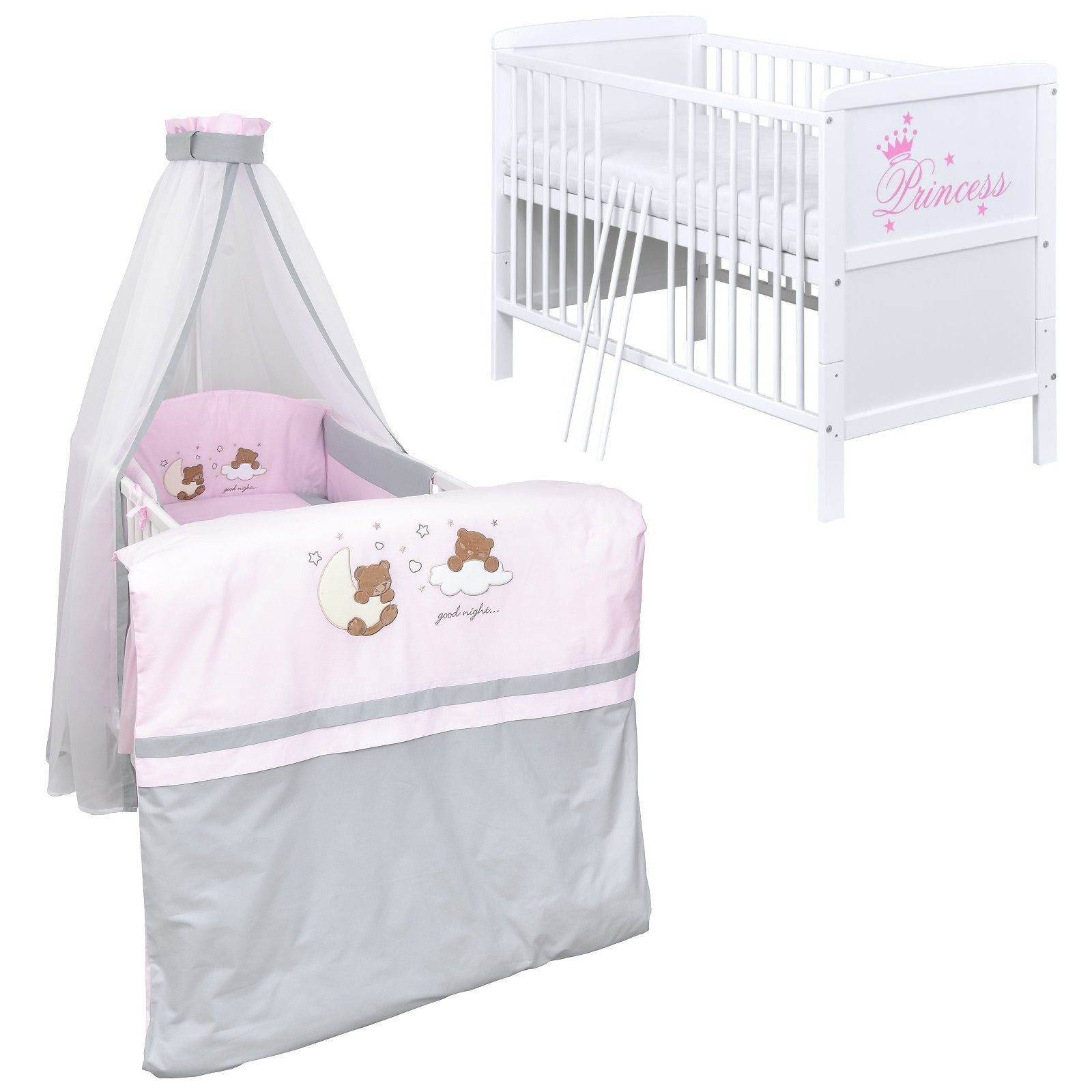 Baby-Delux Komplettbett Babybett Natalie Princess Komplettset, 10-tlg., Kinderbett 70x140 cm weiß, Bettset verschiedene Designs