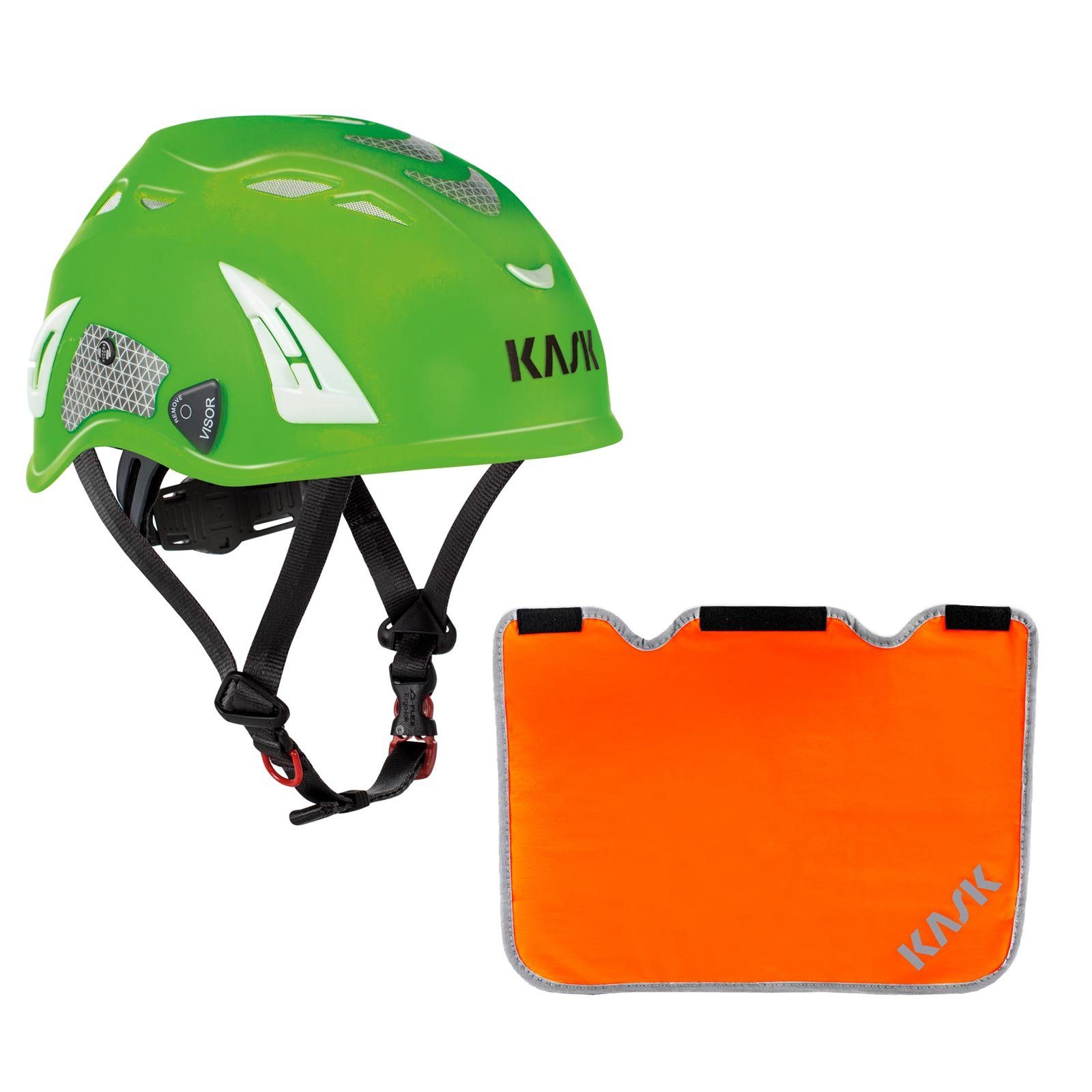 Kask Schutzhelm Plasma HI VIZ Bergsteigerhelm, Kletterhelm + Nackenschutz orange hellgrün