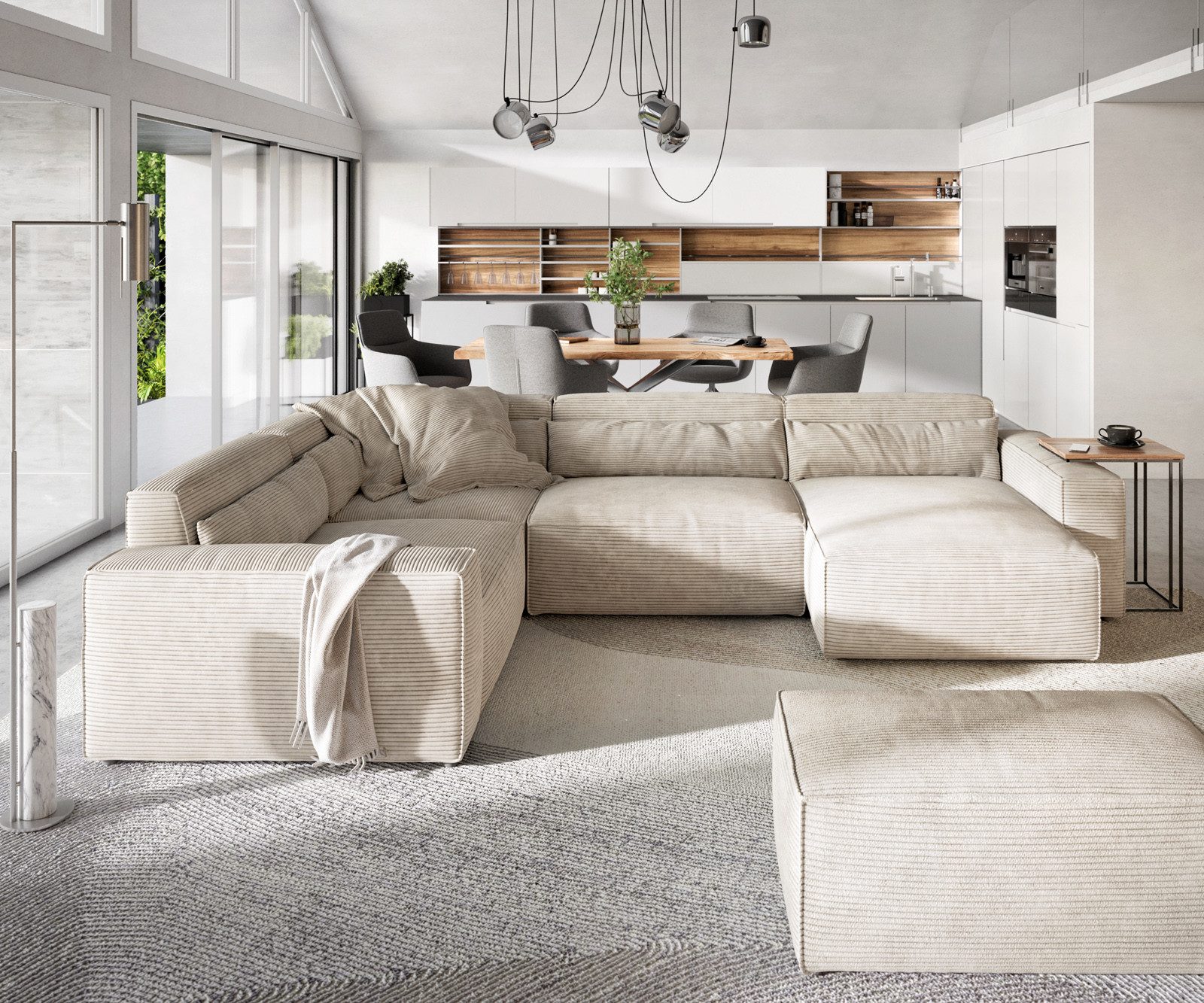 DELIFE Wohnlandschaft Sirpio, Cord Beige 300x210 cm Recamiere variabel mit günstig online kaufen