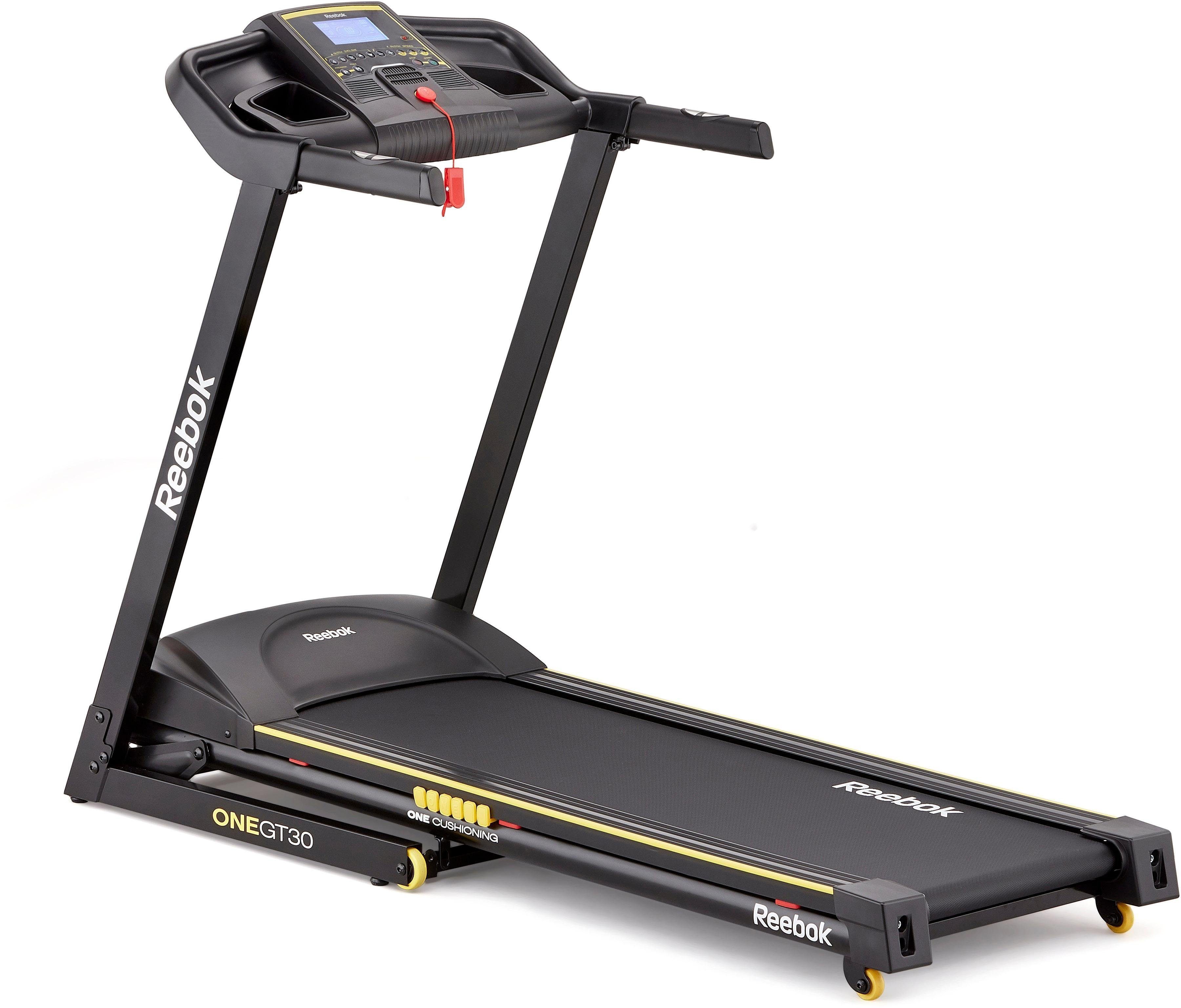 Reebok Laufband GT30 One Series (mit Soft-Drop-Faltmechanismus und integrierten Handpulssensoren), bis max. 16 km/h, klappbar, mit Steigung, 110 kg max. Benutzergewicht