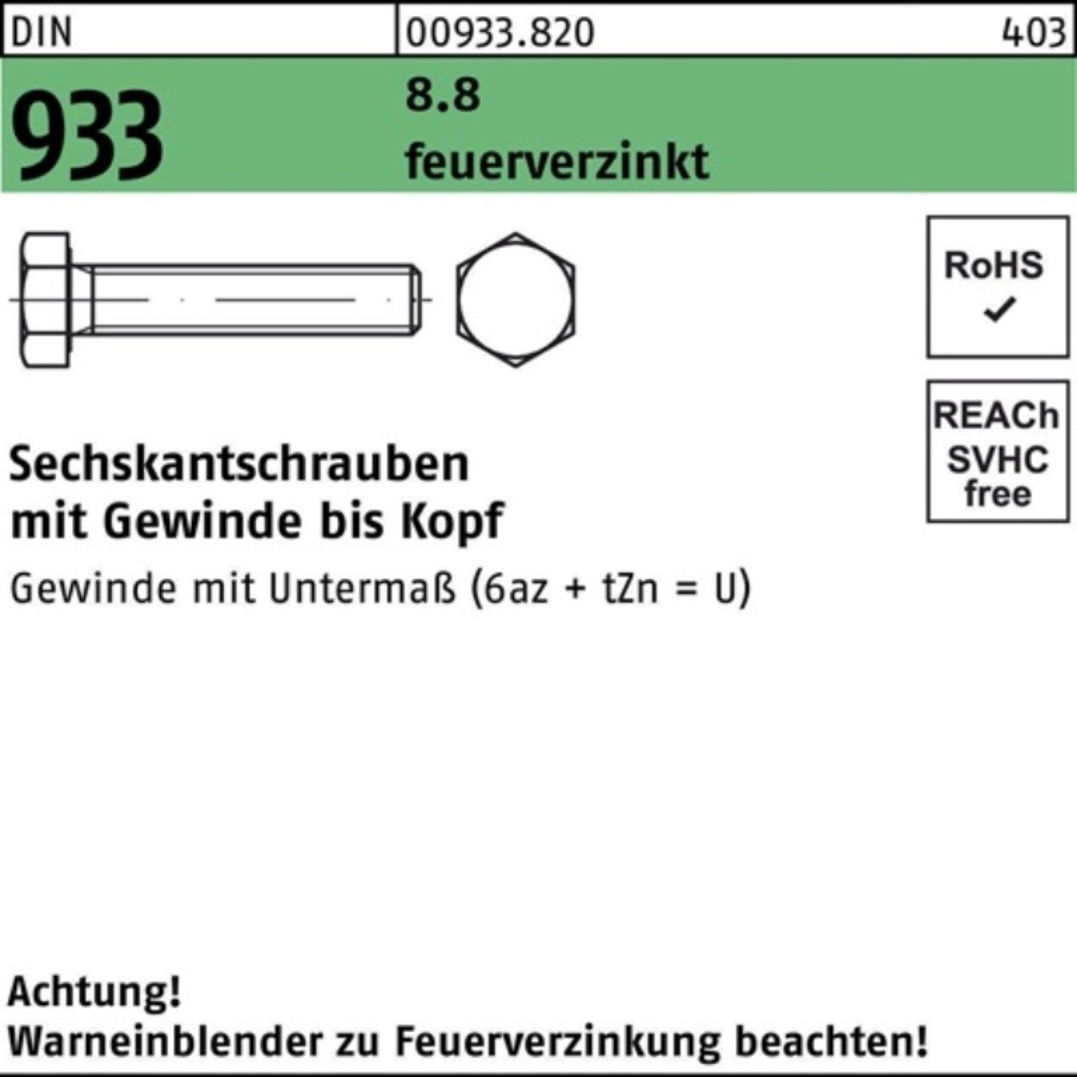 Reyher Sechskantschraube 933 DIN 8.8 200 VG feuerverz. 25 Sechskantschraube Pack 200er Stü M8x