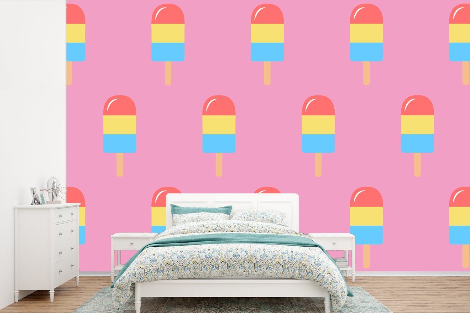 MuchoWow Fototapete Eis - Muster - Rosa, Matt, bedruckt, (6 St), Wallpaper für Wohnzimmer, Schlafzimmer, Kinderzimmer, Vinyl Tapete