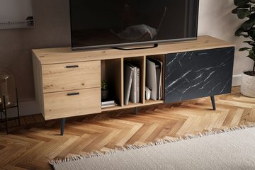 Wohnling Lowboard WL6.821 (Eiche-Dekor, 150x55x40 cm, Marmor, zwei Schubladen), TV-Kommode Hoch, TV-Schrank Modern Fernsehtisch