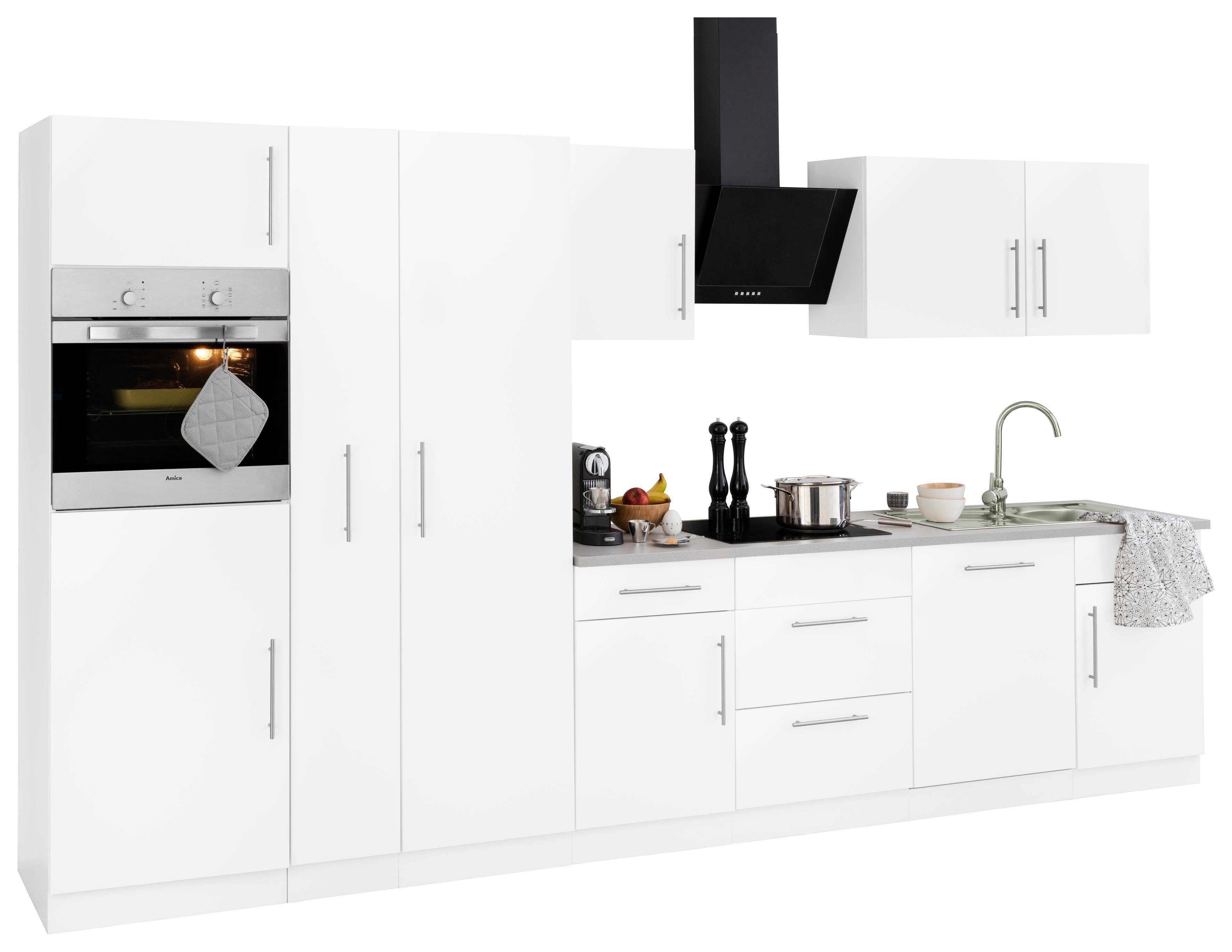 wiho Küchen Küchenzeile Cali, mit weiß, Korpus: Weiß Glanz, | Metallgriffen Breite Front: matt 360 Arbeitsplatte cm Playa E-Geräten, mit Grau weiß