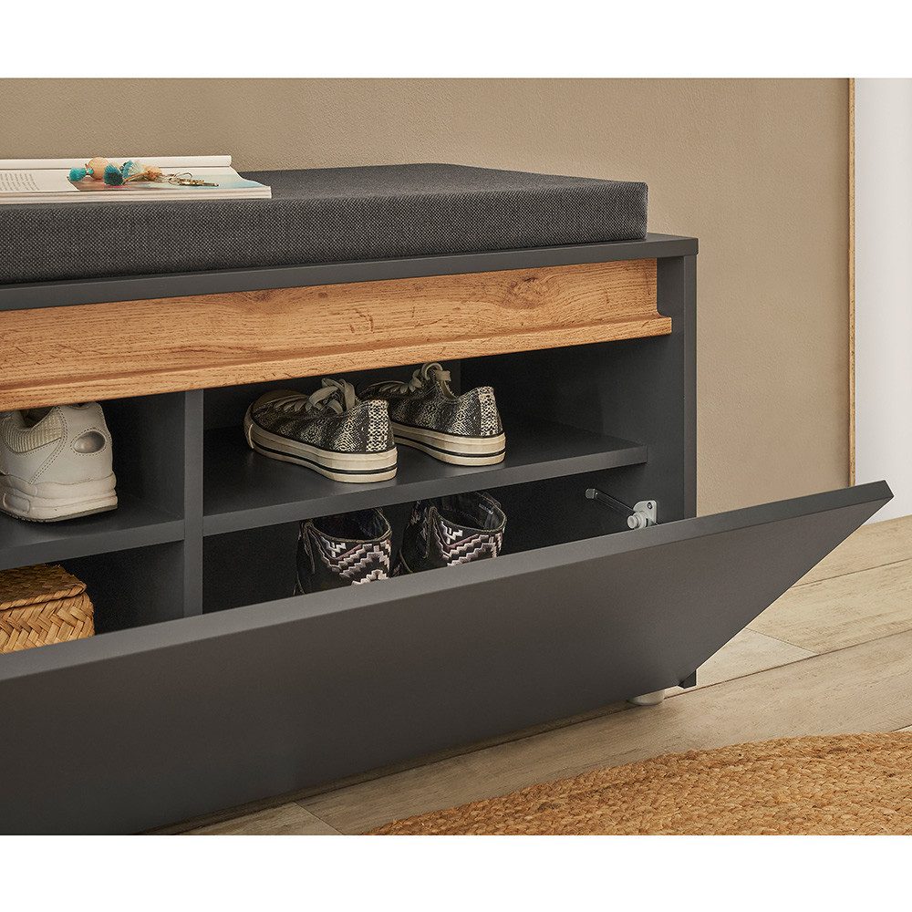 Lomadox Garderoben-Set CRISP-61, (Spar-Set, 6-St., Garderobenpaneel Schuhbank Garderobenschränke Spiegel Kommode), Anthrazit mit Eiche, griffloses Design, modern, Spiegel