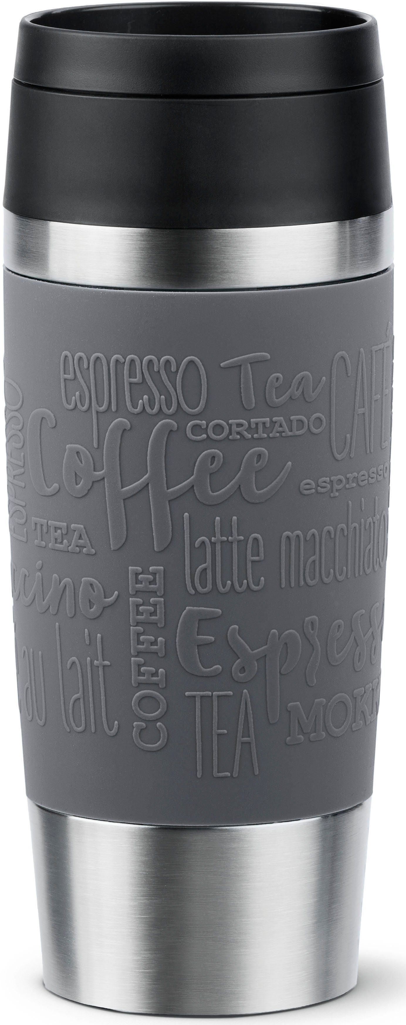 Emsa Thermobecher Travel Mug spülmaschinenfest, Silikon, 100% Classic, Pfeffer-Grau dicht, 12h 6h heiß, Kunststoff, Edelstahl, 360°-Trinköffnung kalt