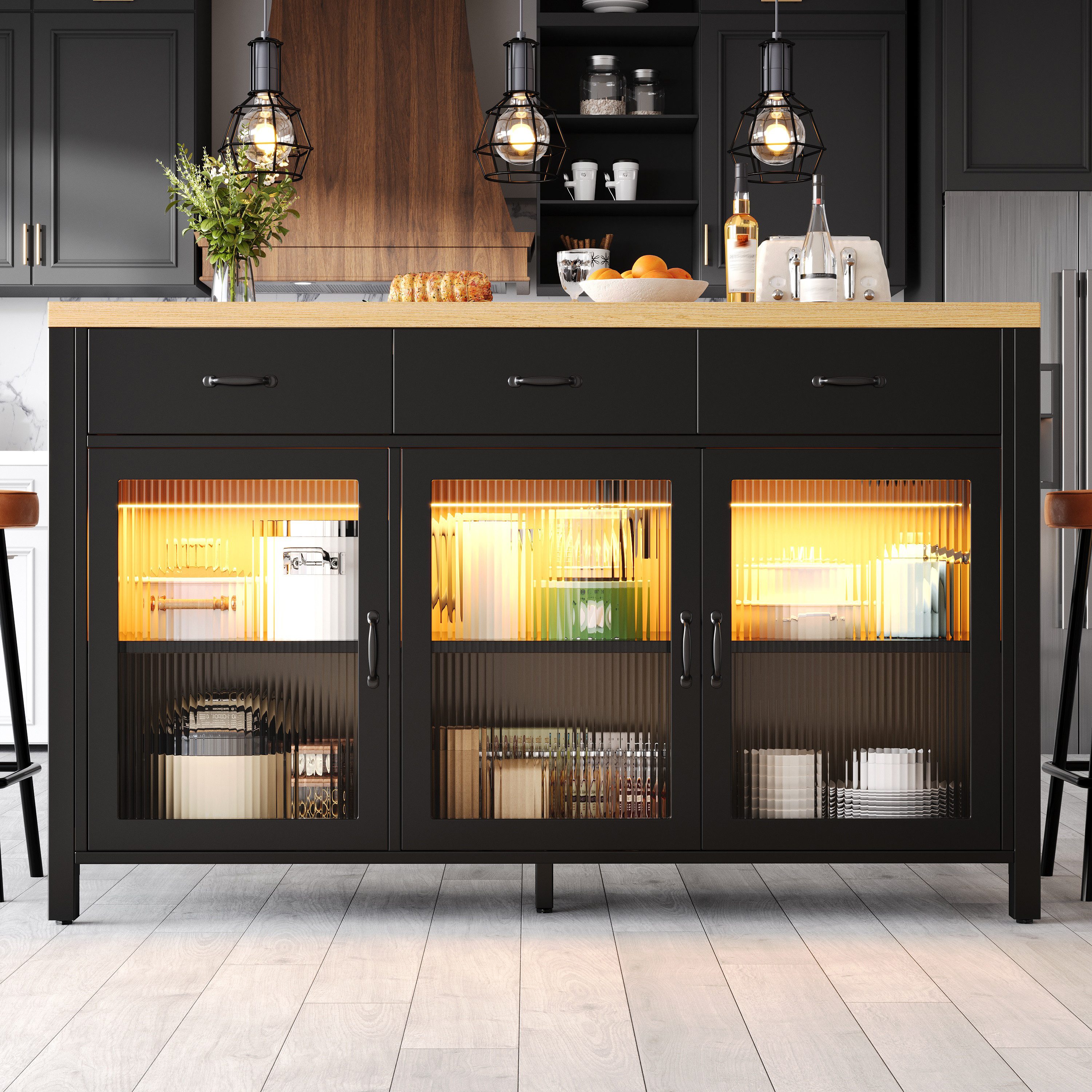 STILVORA Sideboard mit Verstellbare Füße Kücheninsel Küchenschrank mit Glastüren und LED (industriell, X-Rahmen, schwarz-natur, mit Glastüren, 150×80×90 cm, 3 Schubladen, 3 Glastüren, Holzplatte, belastbar), geriffelte Glastüren, LED-Beleuchtung, verstellbare Füße