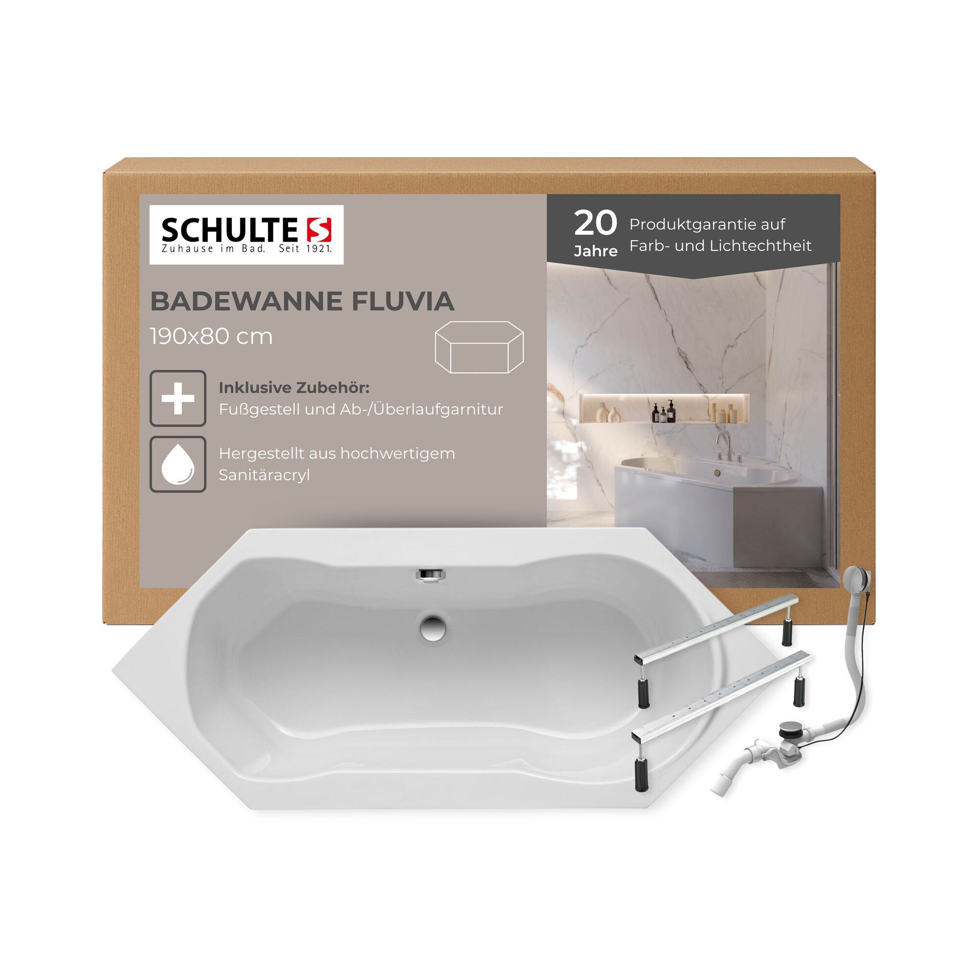 Schulte Badewanne Fluvia, Sechseckform, Sanitäracryl, Weiß, (Komplett-Set), 190x80 cm, mit Fußgestell und Ablauf