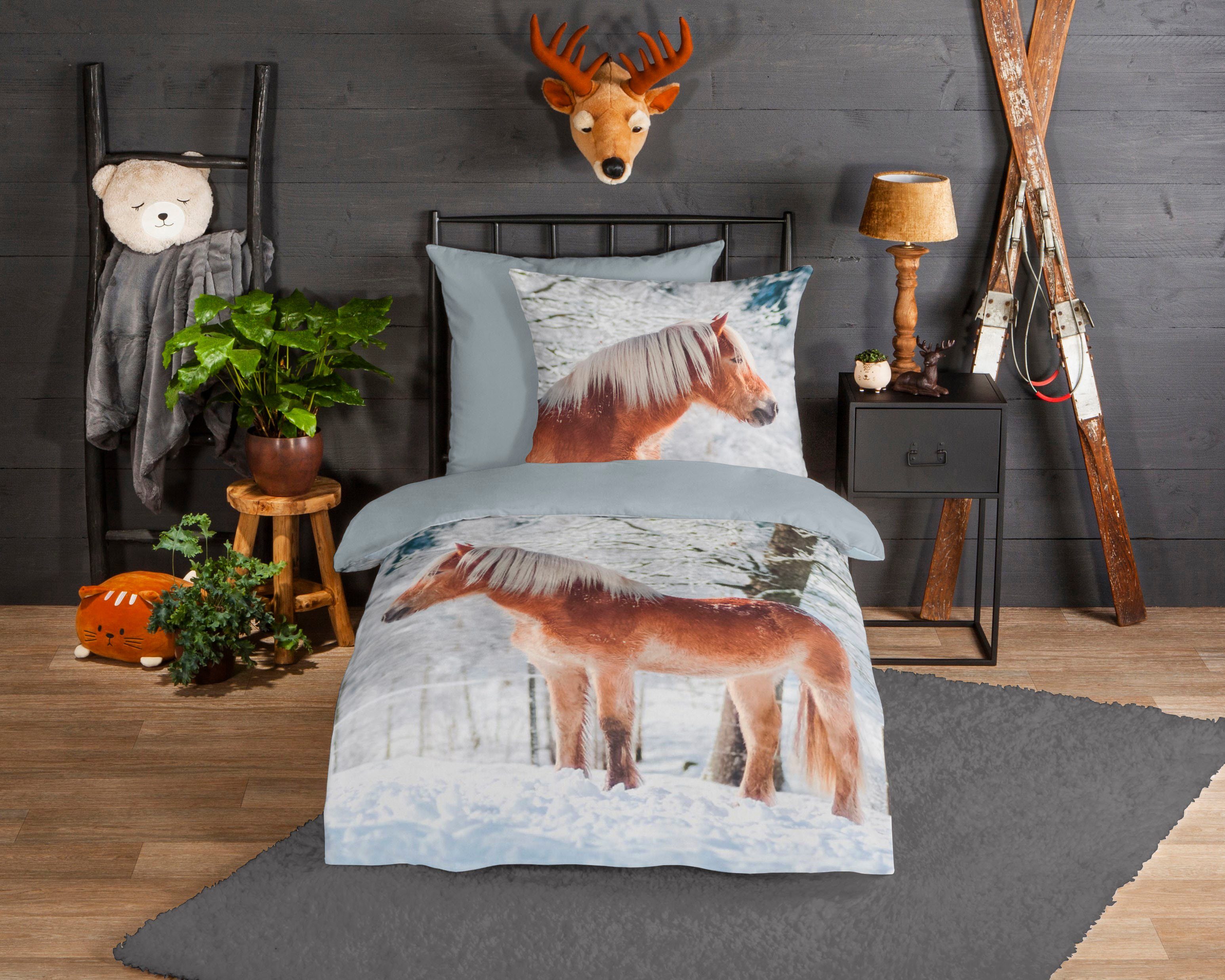 good morning Kinderbettwäsche Scarlet, Biber, Flanell, 2 teilig, Biber, 135x200, Winter, Warm, Reißverschluss, Wendeoptik, Kind, Pferd