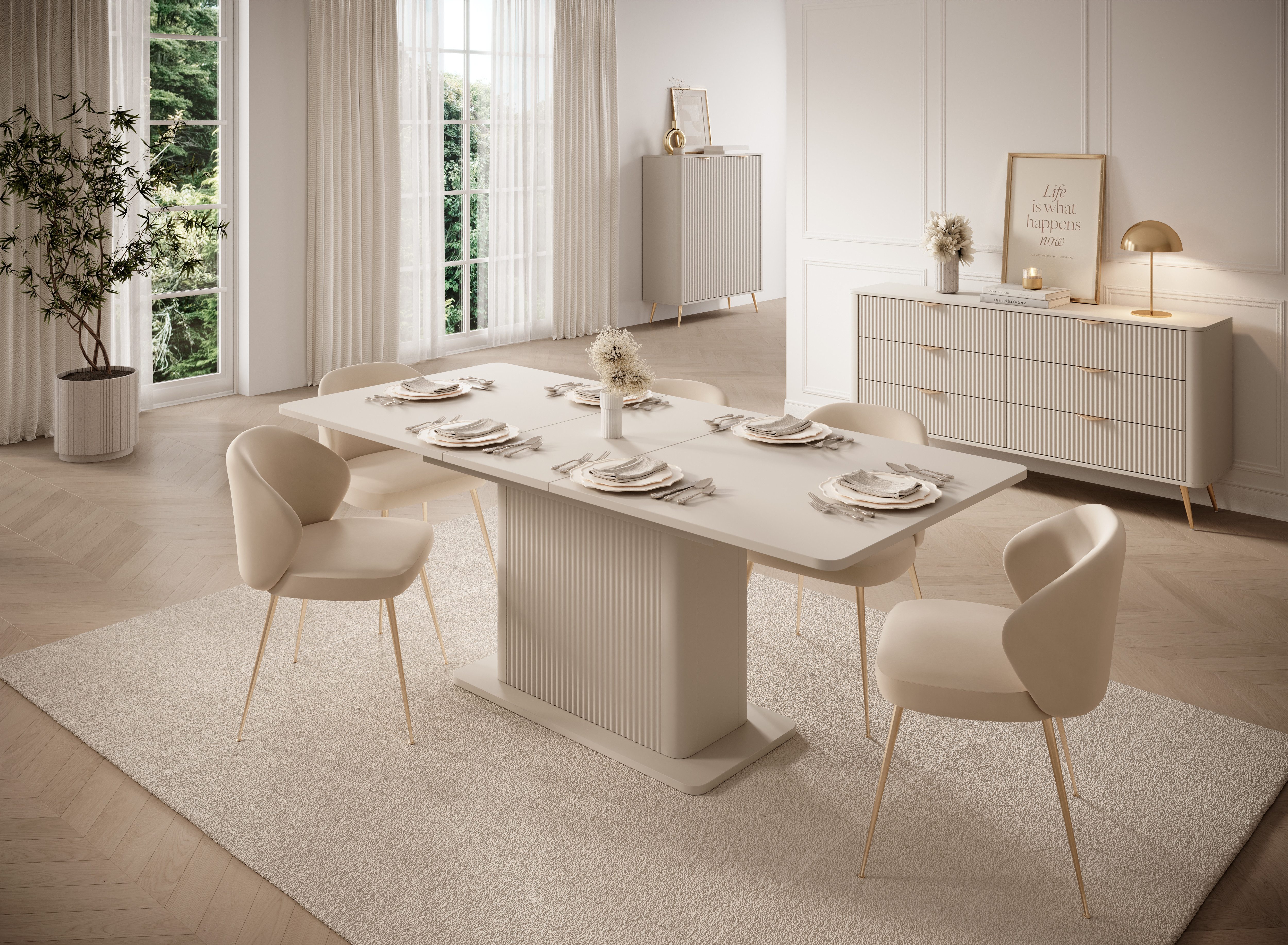 yourhouse24 Esstisch Ausziehbarer Lante 160-200 cm Geriffelter Säulenfuß, Geriffelter Säulenfuß in Lamellen-Optik, verstaubare Einlegeplatte