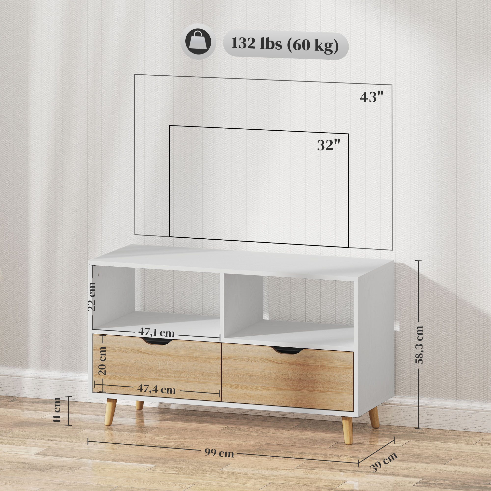 HOMCOM TV-Board TV Schrank Lowboard mit 2 Ablage, Schublade, 99 cm lang (TV Board, 1 St., Fernsehtisch), für Wohnzimmer, Weiß