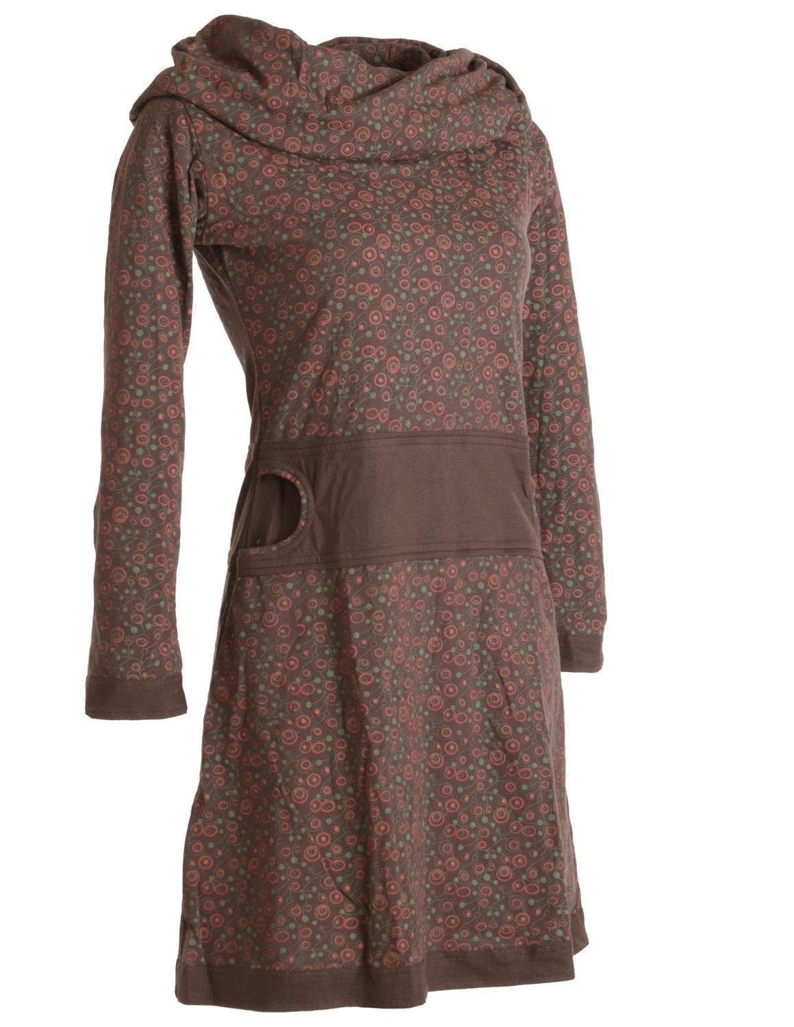 Vishes Jerseykleid Bedrucktes Kleid Hippie Style Goa, Boho, Schalkragen aus Baumwolle Ethno, mit dunkelbraun