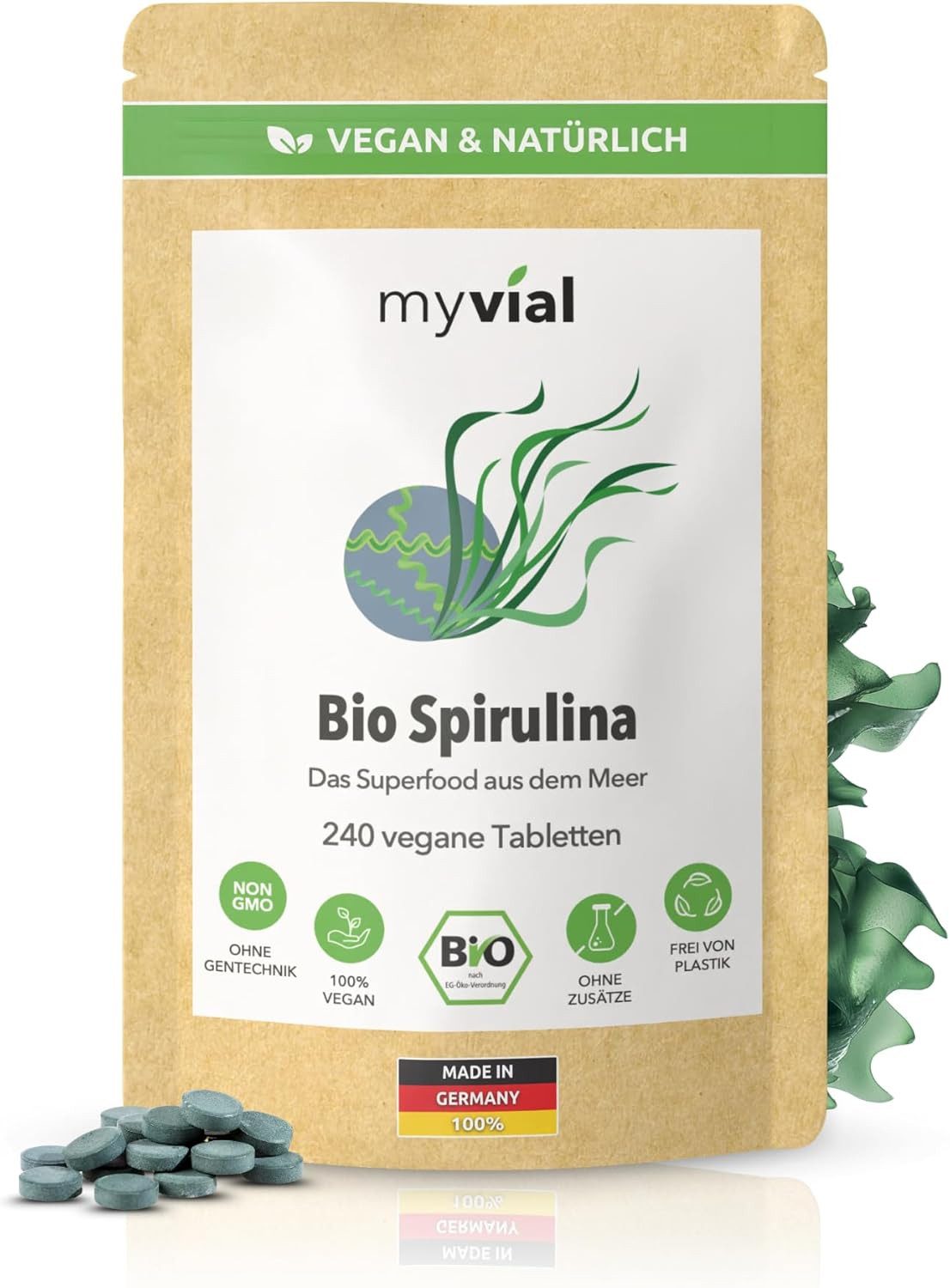 myvial Hochdosierte Bio Spirulina Tabletten - naturrein - ohne Zusätze Tabletten, 240 vegane Tabletten, 100% Spirulina (Arthrospira platensis) à 240 St., plastikfrei verpackt, 40 Tage Vorrat, höchste Qualität