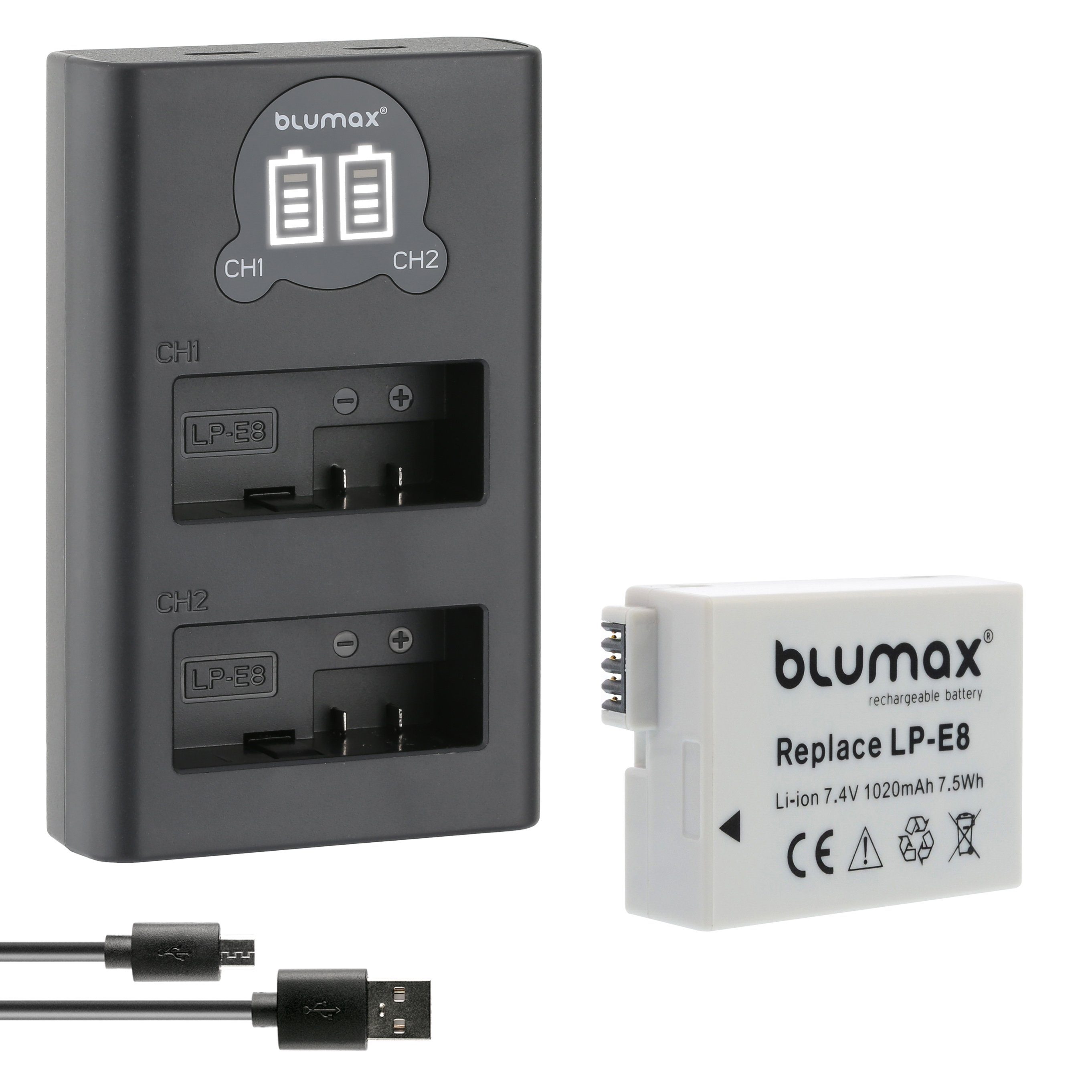 Blumax Akku + Lader für Canon LP-E8 EOS 550D 1020 mAh Kamera-Ladegerät