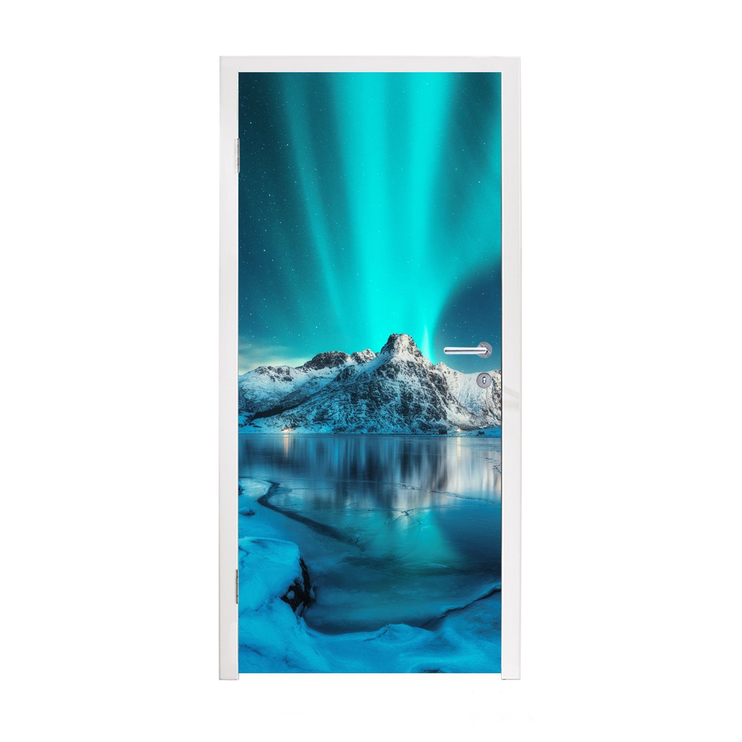 MuchoWow Türtapete Nordlicht - Eis - Schnee - Norwegen - Blau - Berge, Matt, bedruckt, (1 St), Selbstklebende Tapete, Folie für Möbel, 75x205 cm