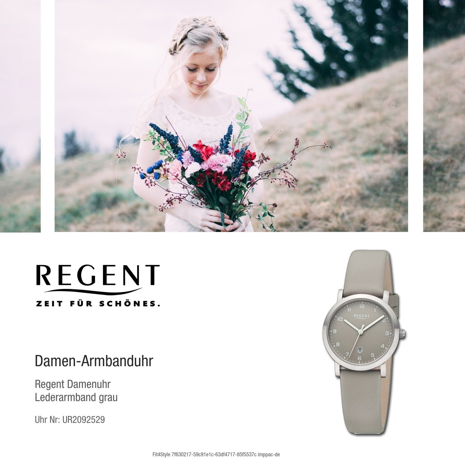Regent Quarzuhr Regent Damen Armbanduhr groß (ca. extra Analog, Gehäuse, Lederarmband rundes grau, Damenuhr 30mm)