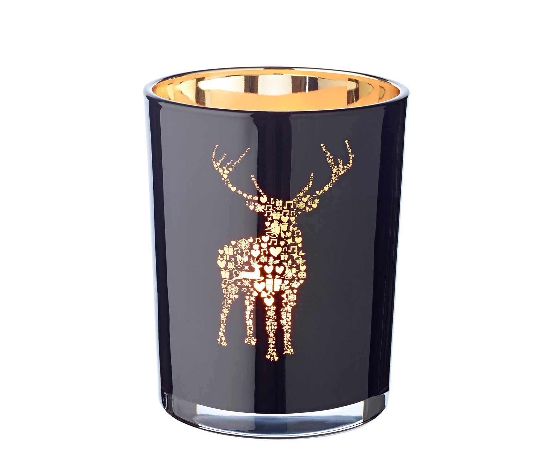 EDZARD Windlicht Fancy, Glas, Hirsch-Motiv, schwarz und gold, H 13 cm, Ø 10 cm