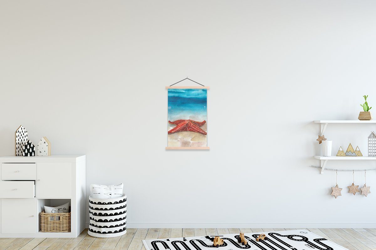MuchoWow Poster Seestern - Aquarell - Meer, (1 St), Posterleiste, Textilposter für Wohnzimmer, Bilderleiste, Magnetisch