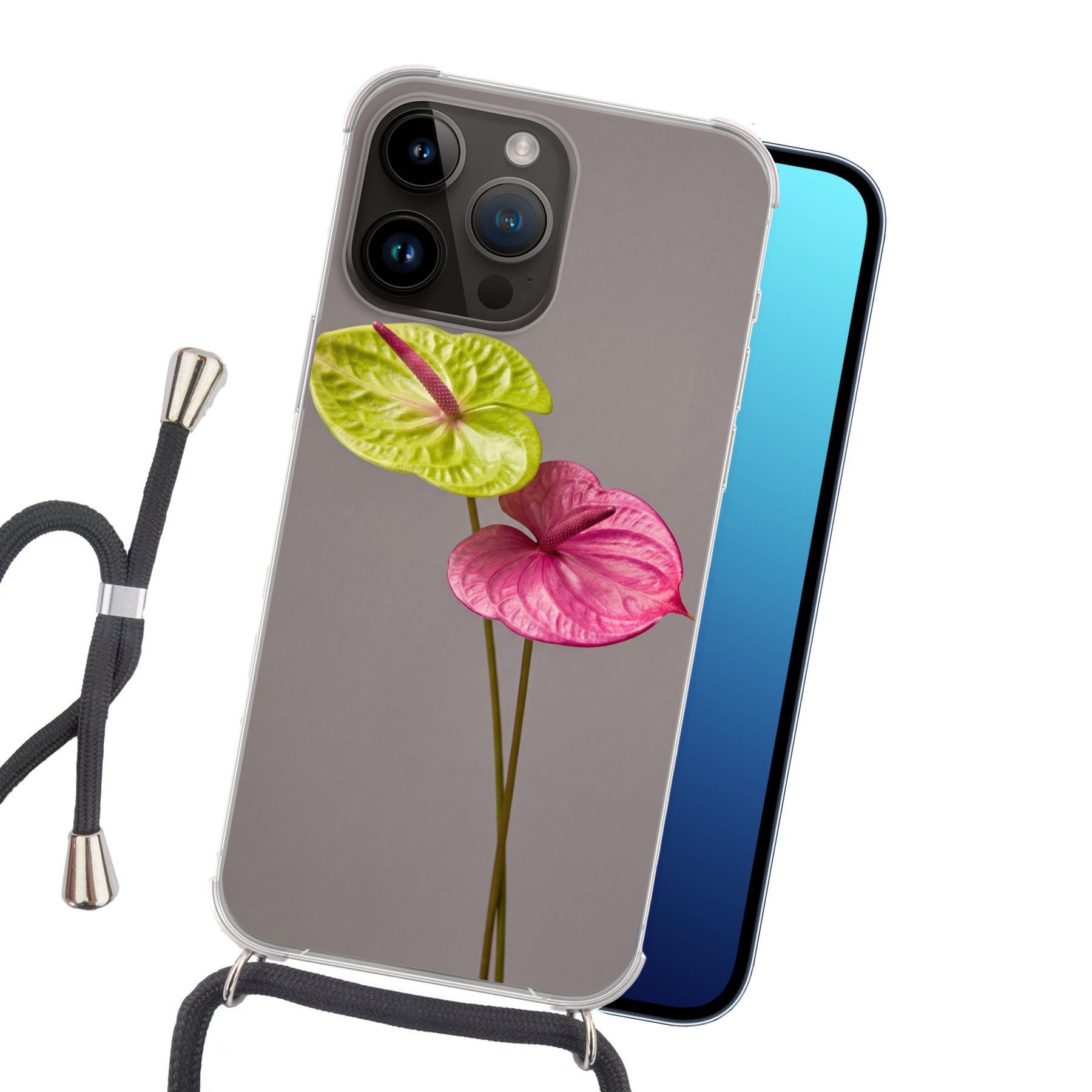 MuchoWow Handyhülle für Apple iPhone 14 Pro Max Pflanzen - Anthurium - Grün - Rosa, Tragbare Handyhüllen mit Kette zum umhängen, Handykette Handyband