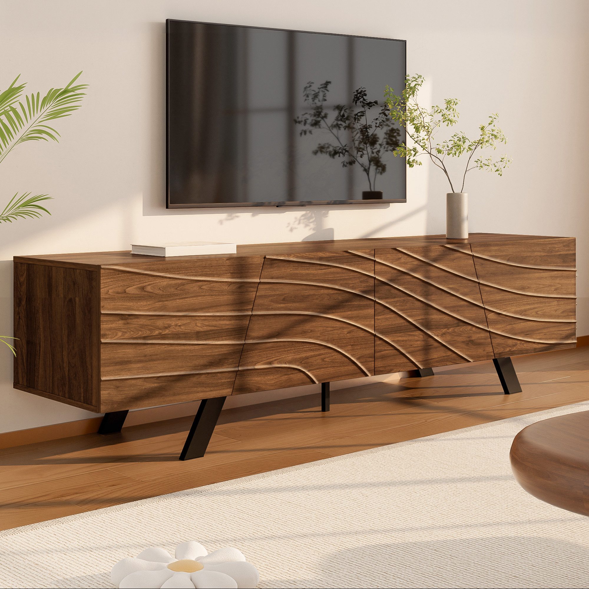 Odikalo Lowboard TV-Schrank TV-Bank mit Eisenbeinen (mit Wellenfront – Lowboard im Walnuss-Look mit schwarzen Eisenbeinen, großem Stauraum, Kabelmanagement & Ablage – TV-Möbel für Wohnzimmer, Flur (160×39×50.5 cm)