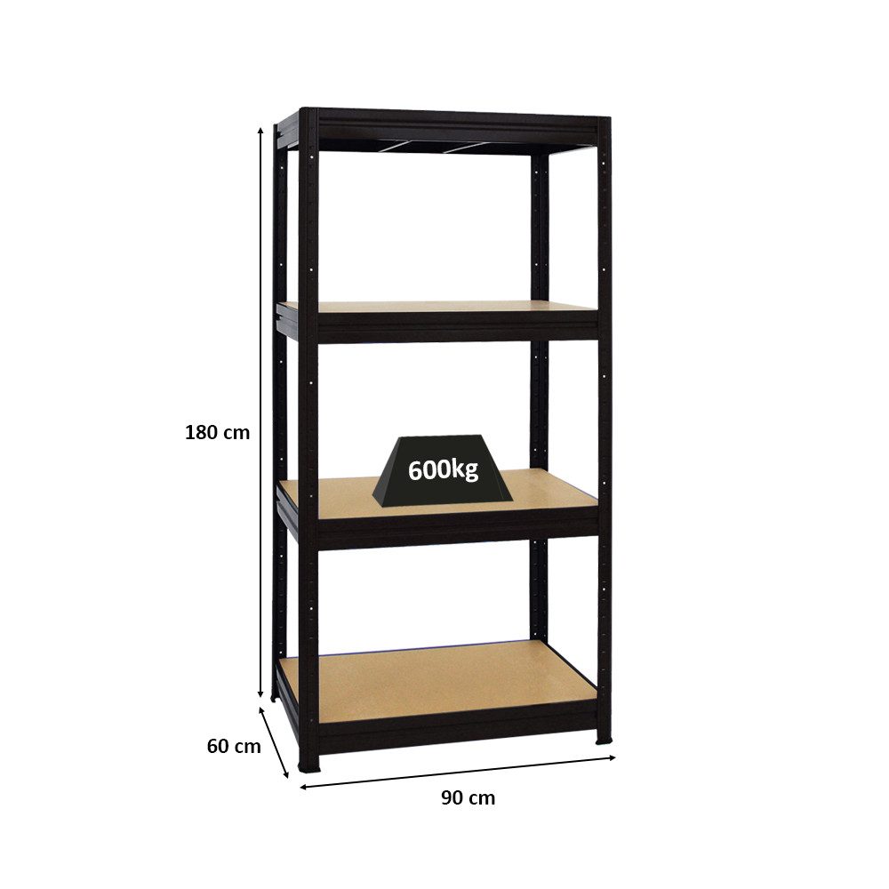 PROREGAL® Schwerlastregal Schwerlastregal DINO, HxBxT 180x90x60cm, Fachlast 600kg, Schwarz, Kellerregal Weitspannregal bis zu 600kg Fachlast & 2400kg Gesamtlast
