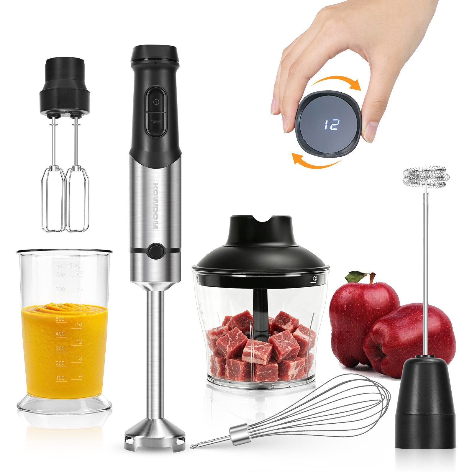 kowdom Stabmixer 1200W Stabmixer 6in1 mit Zerkleinerer & Milchaufschäumer, Pürierstab, 1200 W, Hochleistungsfähig, Multifunktional, Einfach zu reinigen, Platzsparend