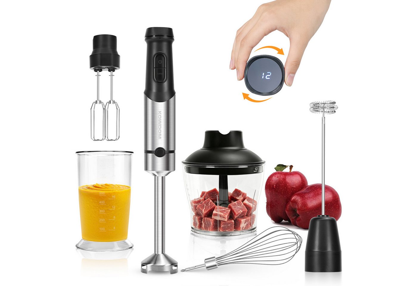 kowdom Stabmixer 1200W Stabmixer 6in1 mit Zerkleinerer & Milchaufschäumer, Pürierstab, 1200 W, Hochleistungsfähig, Multifunktional, Einfach zu reinigen, Platzsparend