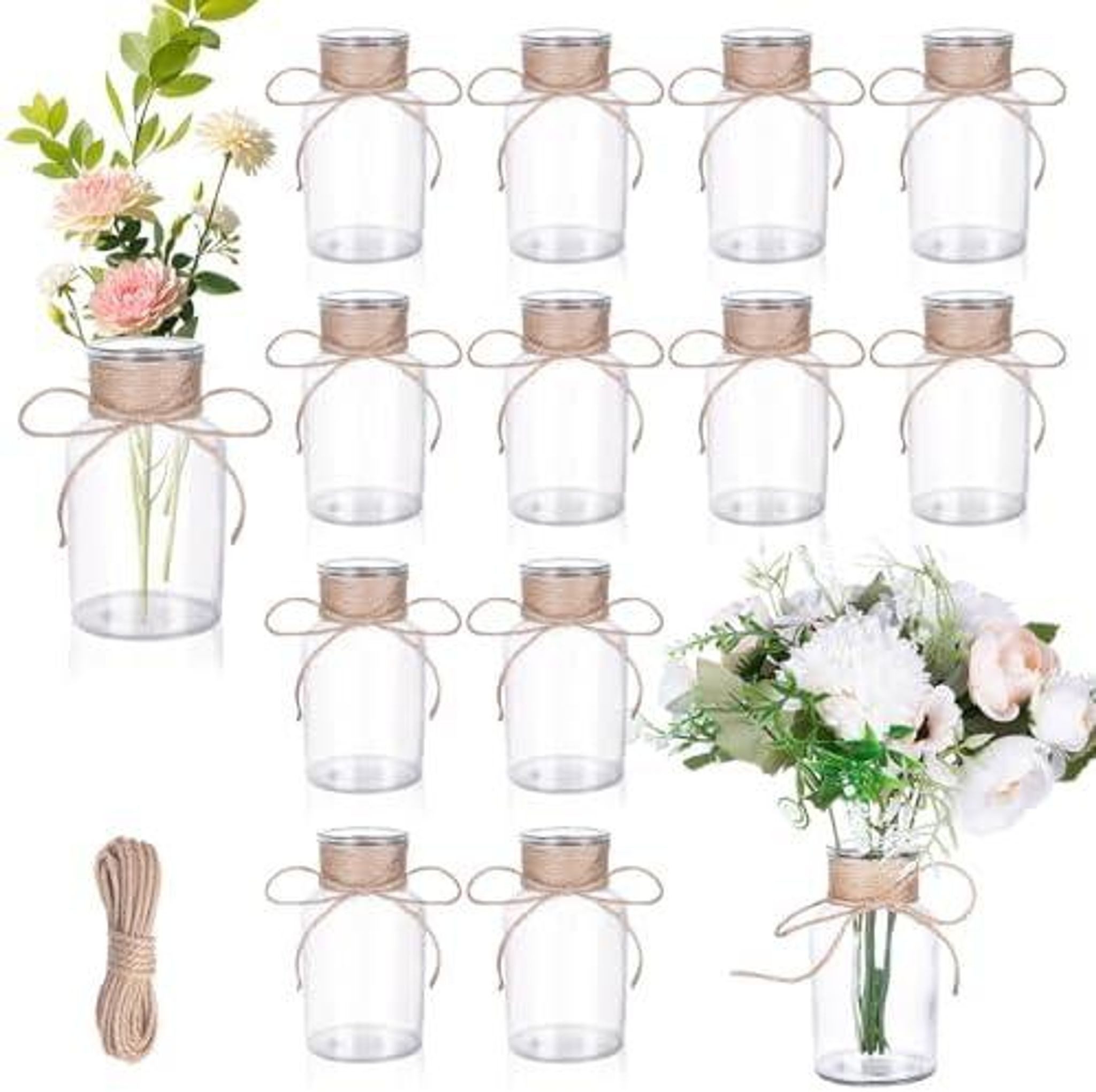 FELIXLEO Tischvase 12 Mini Glasvasen 125ml mit Juteschnur Hochzeit Deko