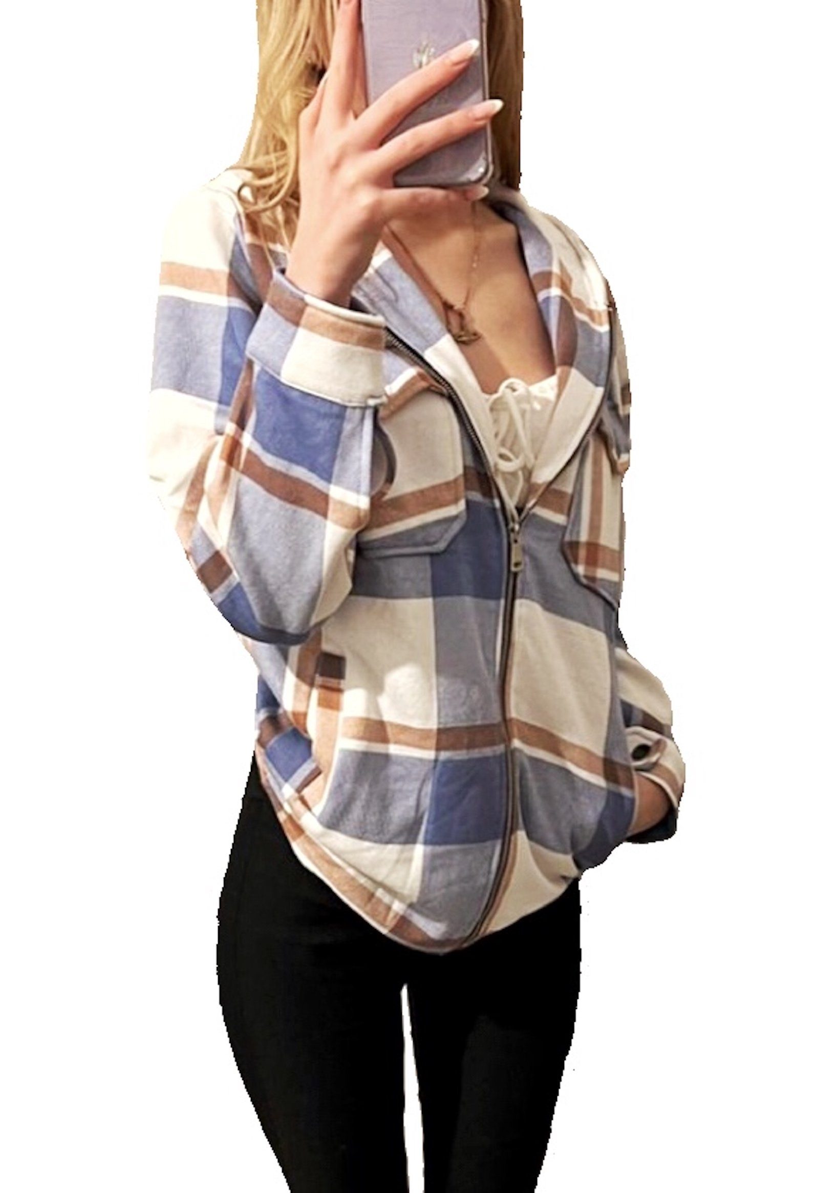 Worldclassca Flanellhemd Worldclassca DAMEN HEMDJACKE KARIERT MIT KAPUZE HOLZFÄLLERHEMD (1-tlg) OVERSIZED HOODIE KAROHEMD BLOGGER XS-XL