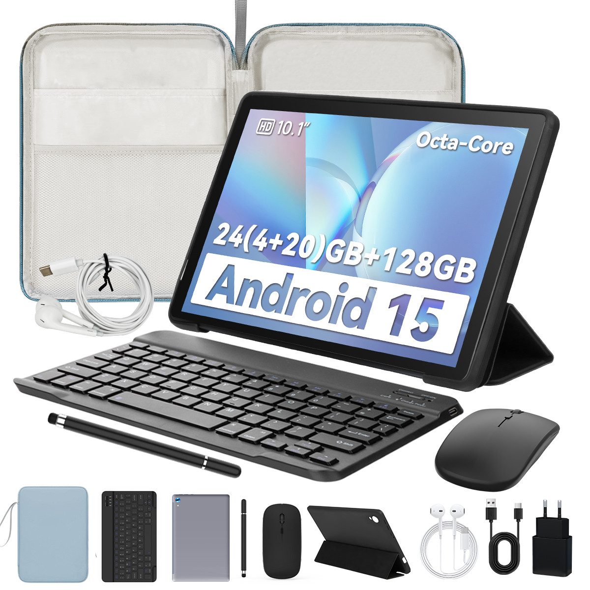 BUFO 10 Zoll Android 15, 4GB RAM 128 GB, mit Tastatur Maus Stift hülle Tablet (10", 128 GB, Android 15, mit AF und Blitz, zwei 1W-Lautsprecher + zwei Mikrofone)