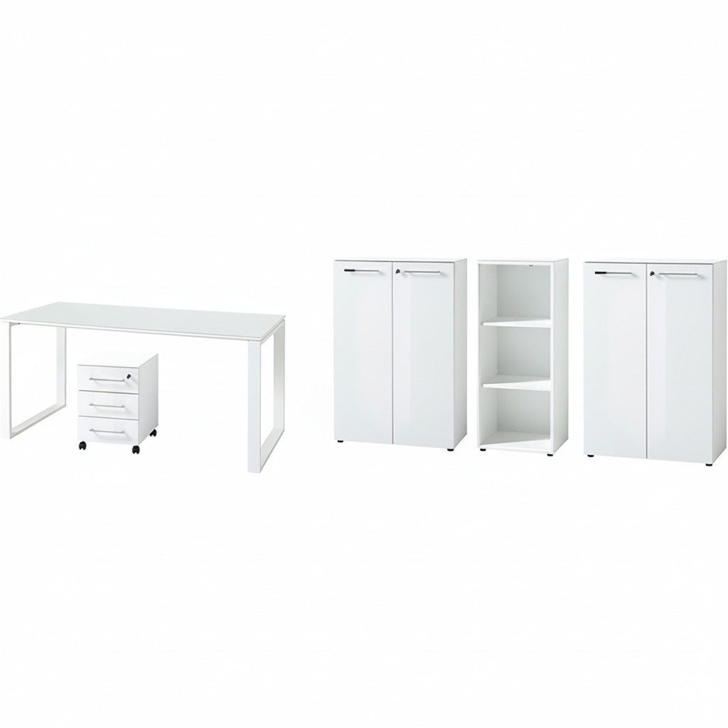 KADIMA DESIGN Büromöbel-Set Büro-Set MUENCHEN 5-teilig, Glasfront Abschließbar Soft-Close Modern, (Made in Germany, Home Office Arbeitszimmer Büro, Styroporfrei), Schreibtisch, Container, 2 Schränke, Regal, ABS-Kanten, Büromöbel
