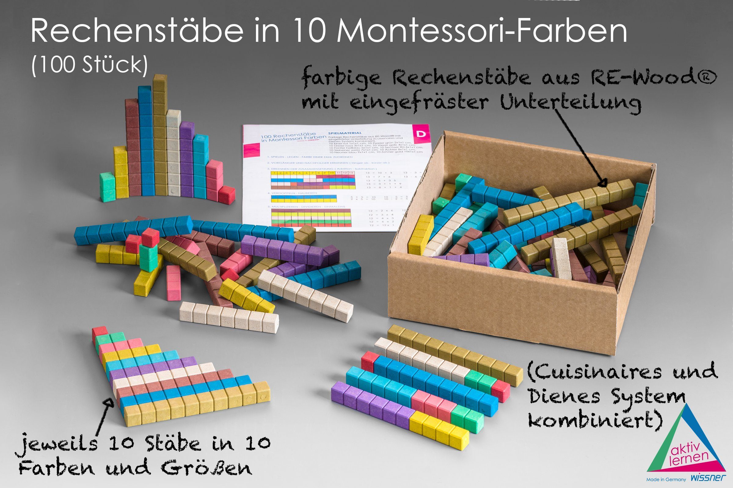 Rechenstäbe (100-St), (100 RE-Wood® Lernspielzeug Wissner® 10 Montessori-Farben RE-Wood® aktiv in lernen Stück),