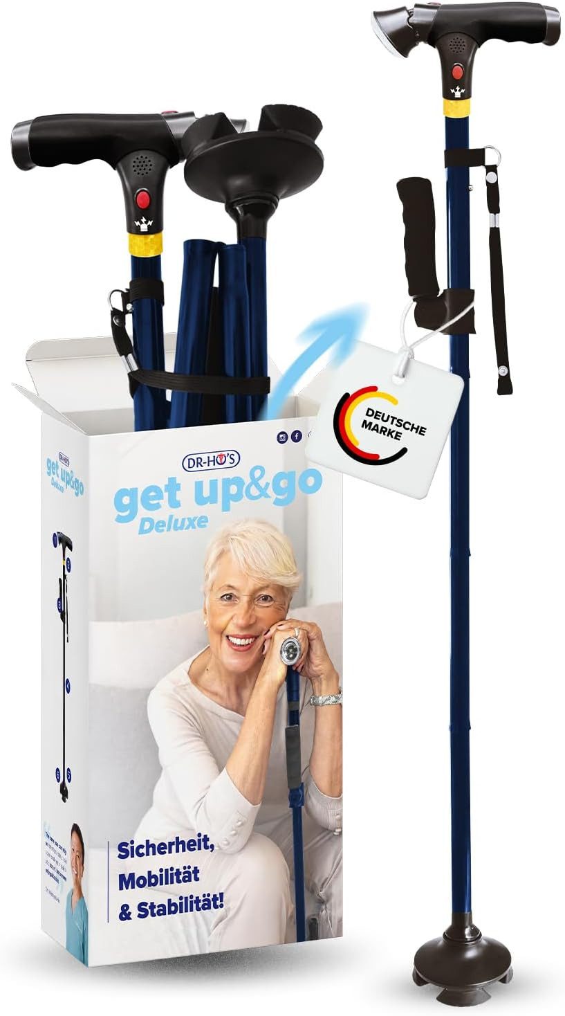 DR-HO'S Gehstock Get Up & Go für Senioren & Erwachsene, Einzelartikel, mit LED-Licht, Alarmknopf, Aufstehhilfe und 4-Punkt-Standfuß, klappbar und höhenverstellbar