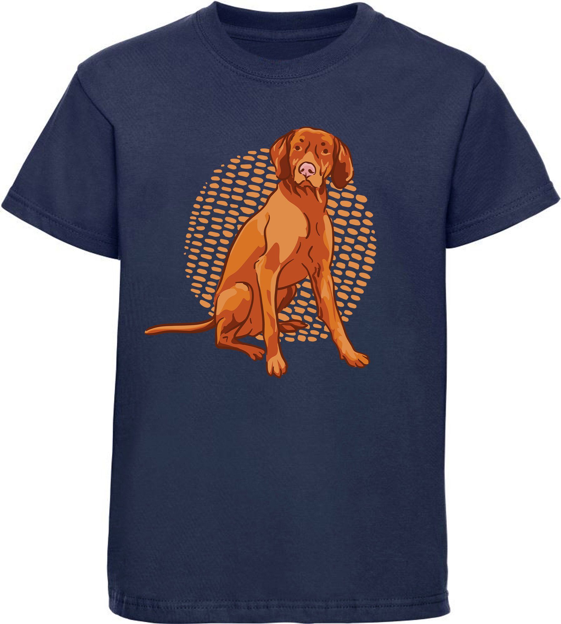 Hunde bedruckt Aufdruck, Print Baumwollshirt - brauner T-Shirt MyDesign24 mit i257 Hund Sitzender navy Kinder blau Shirt