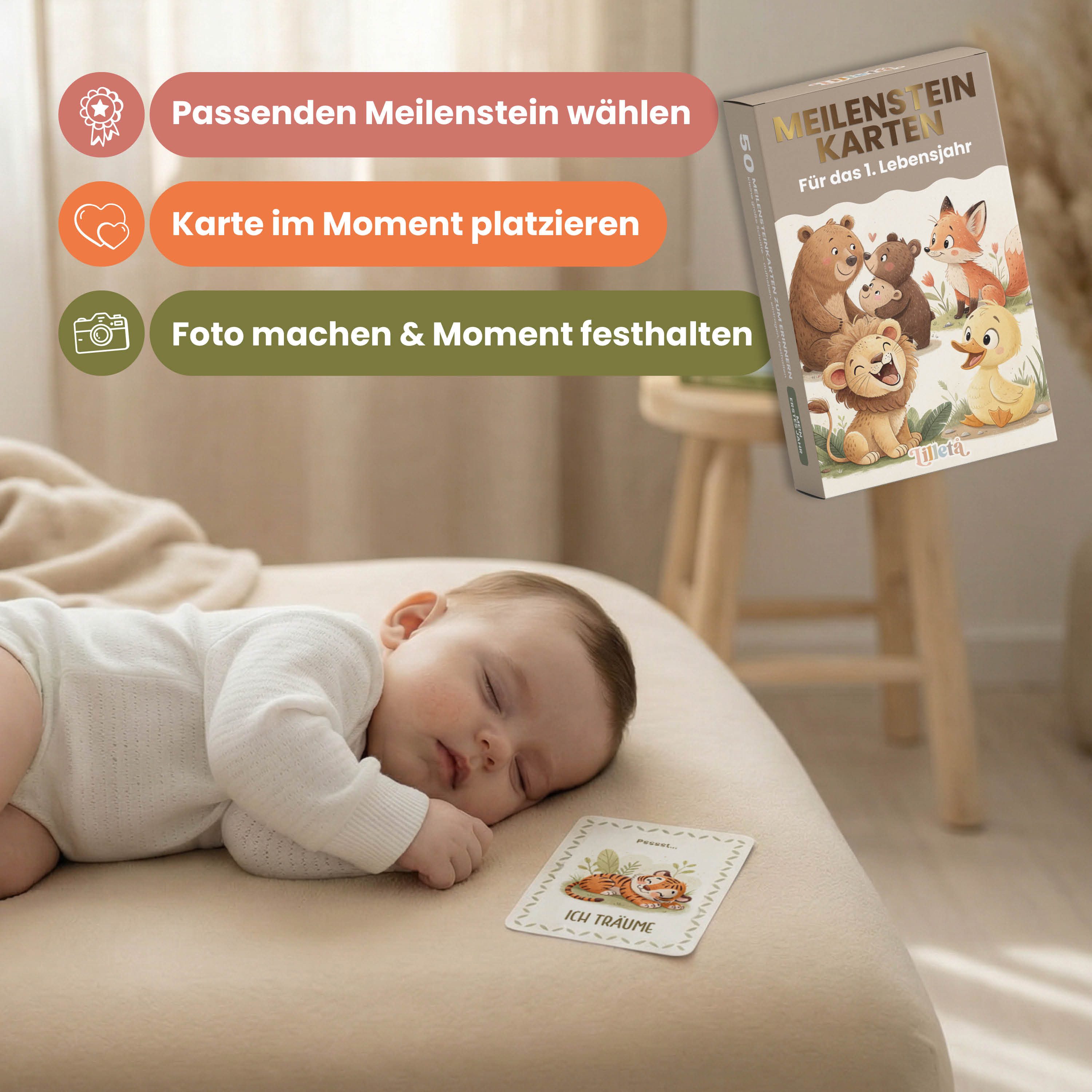 Lilletå Geburtskarte Meilensteinkarten Baby, 50 Karten mit Tiermotiven für das erste Jahr, 12 × 8 cm, Schachtel mit Goldveredelung, Geschenk zur Geburt – Bild 4 von 5
