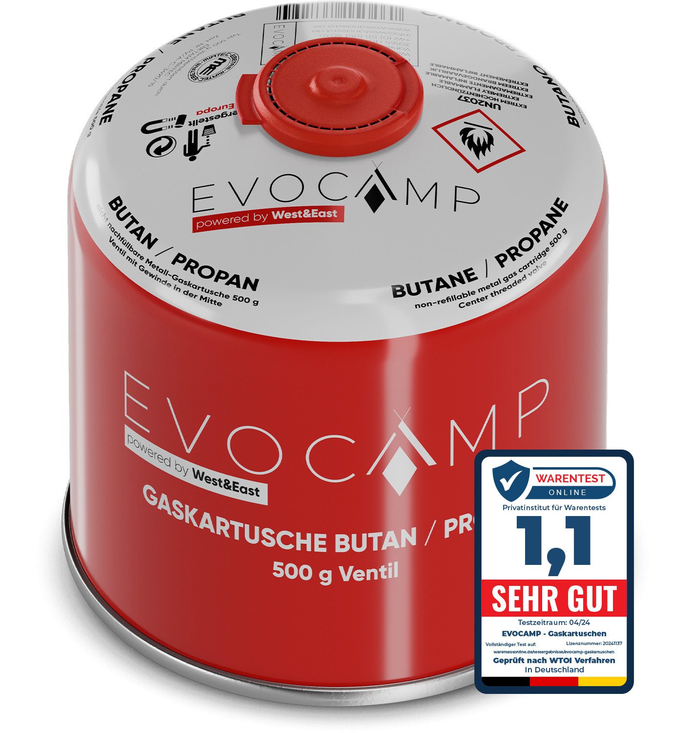 EVOCAMP Gaskartusche Ventilkartusche mit Butan/Propan Gas EN 417 500g mit Schraubventil, 1 St.