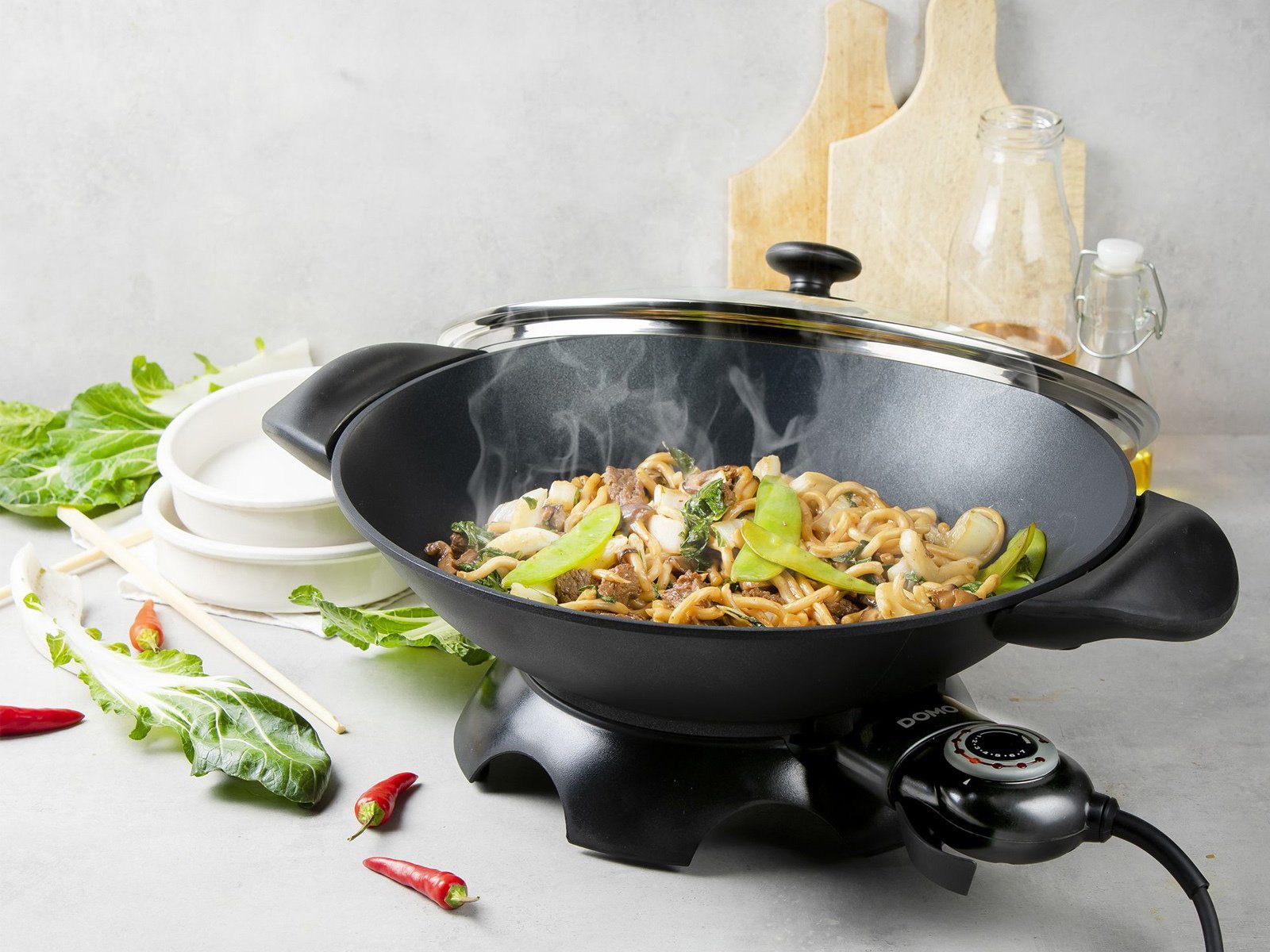 Domo Elektrische Wokpfanne, 2200 W, Großer Asia Elektro Wok Ø35,5cm 5Liter mit Glas Deckel