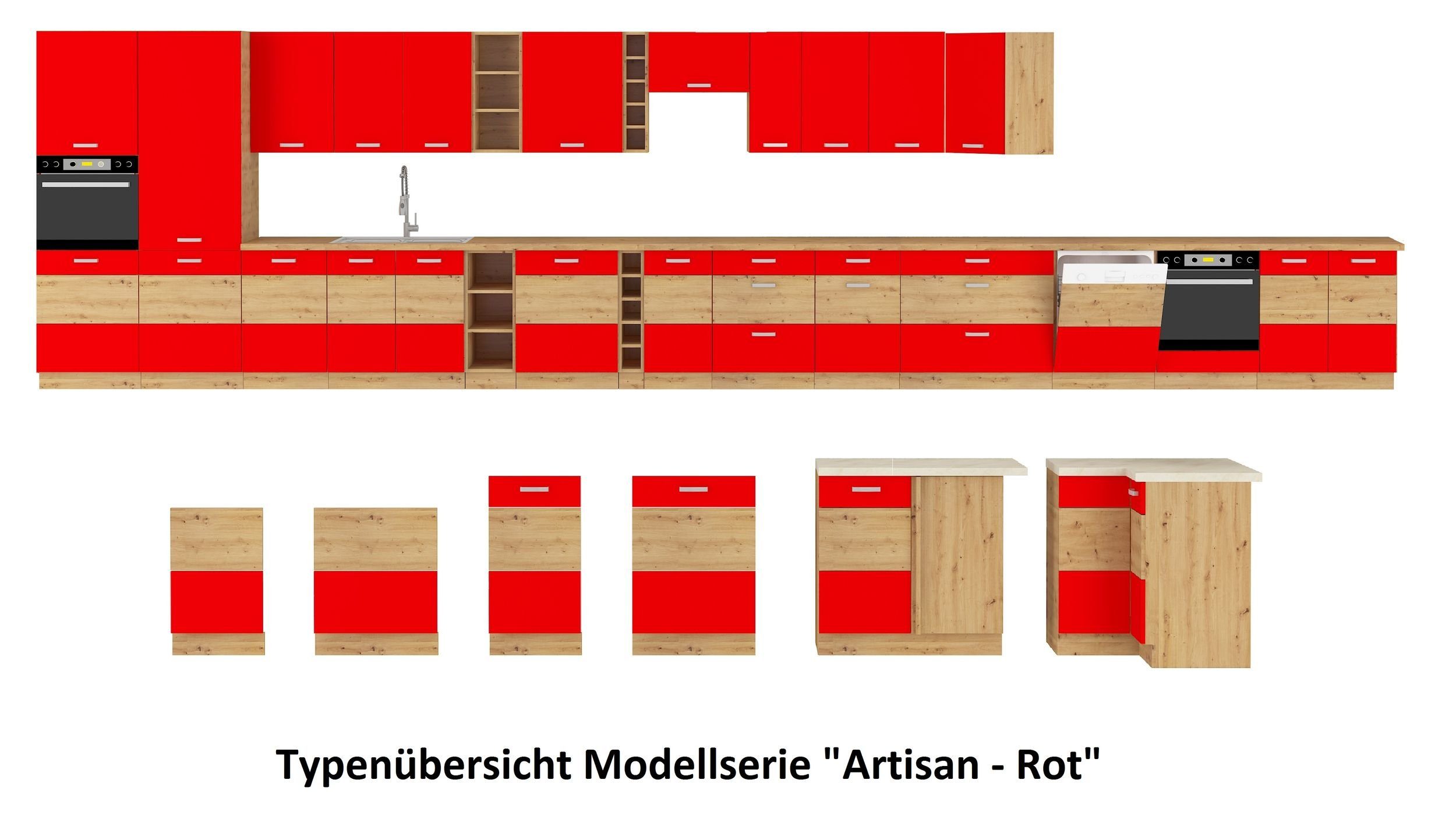 Küchen-Preisbombe Eckunterschrank 89x89 cm Hochglanz Küchenzeile Eiche Artisan + Küchenblock Rot Küche