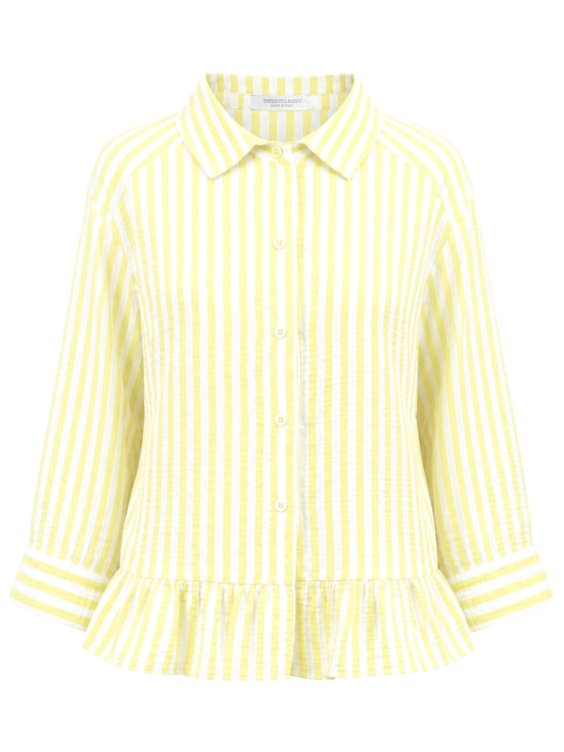 SASSYCLASSY Langarmbluse Gestreifte Musselin Bluse für Damen Oversized Baumwollbluse mit Rüschensaum und 3/4 Ärmel Gelb