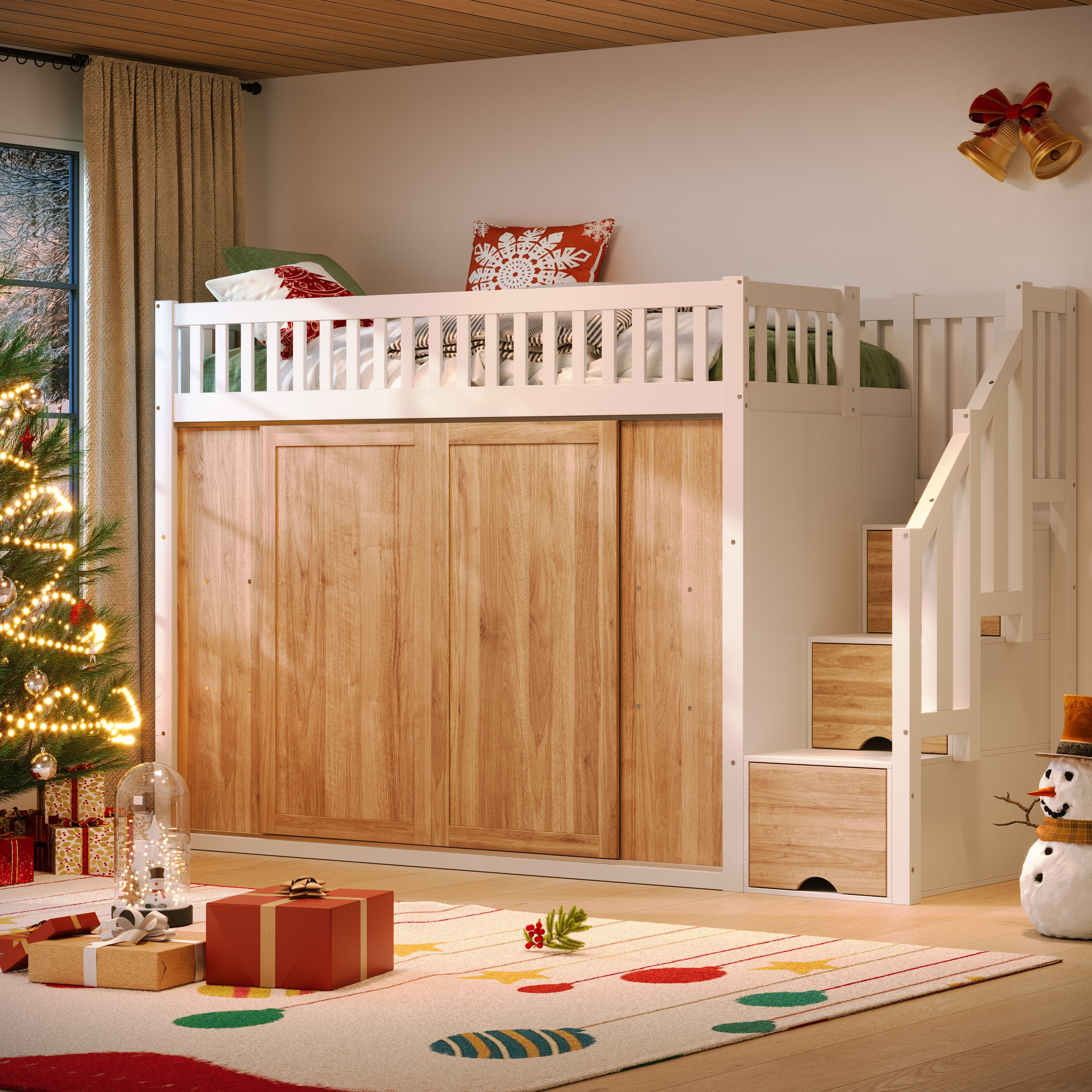 Flieks Hochbett Kinderbett 90x200cm mit LED-Beleuchtung günstig online kaufen