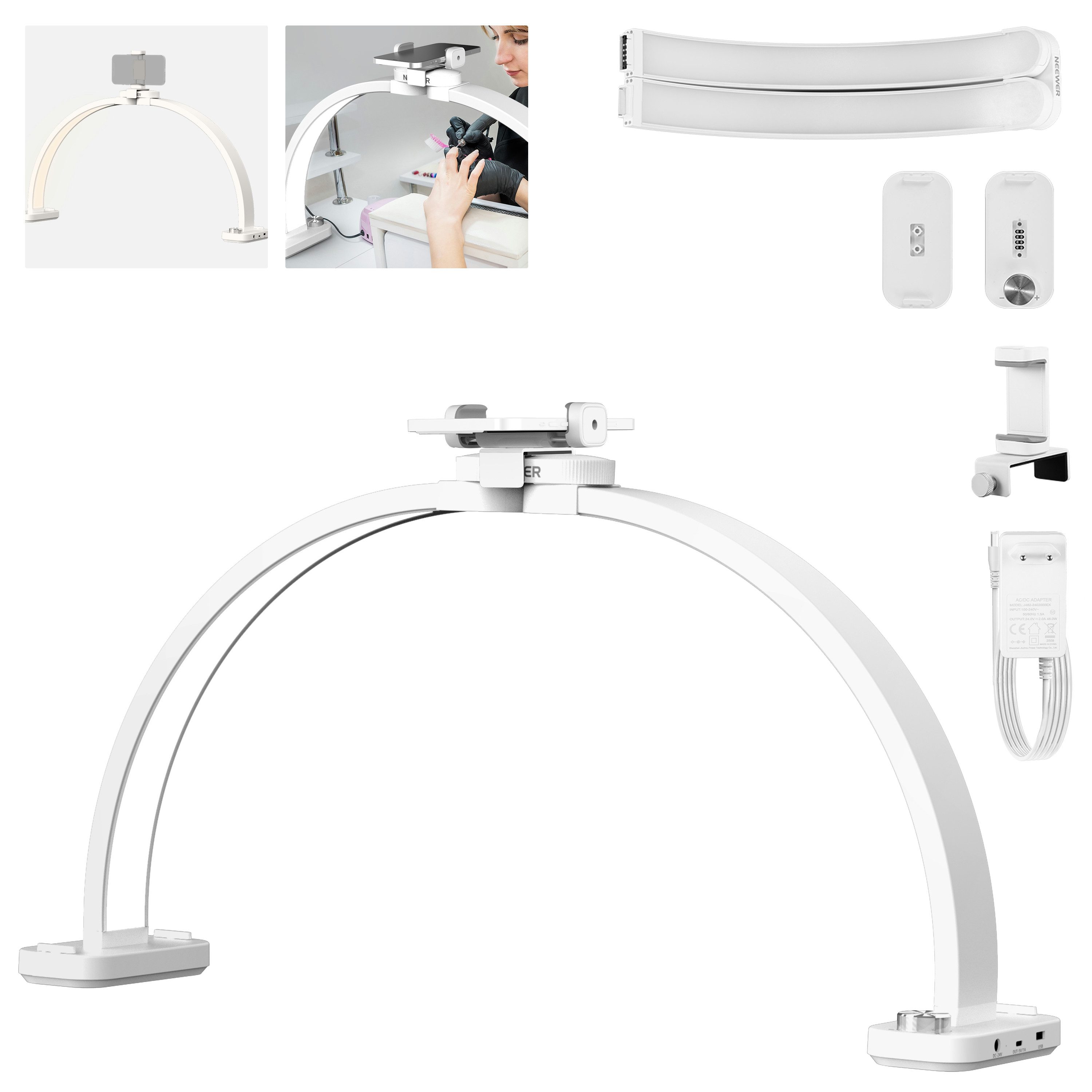 Neewer LED Schreibtischlampe HM01-D 29" Halbmond Nagellampe für Tisch, 40W, Bogenlampe, LED fest integriert, 3000K-6500K Nageltechnikleuchte, mit Telefonhalter, für Makeup Beauty