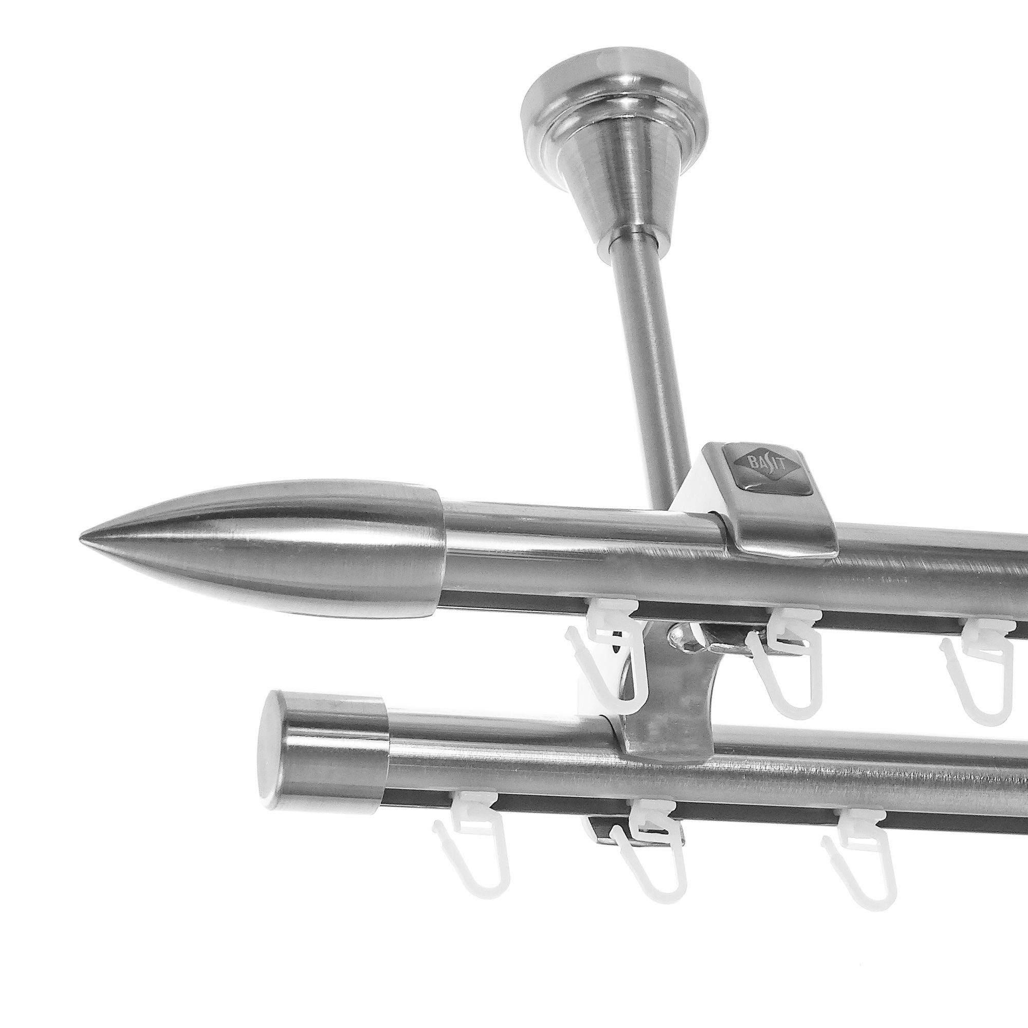 BASIT Gardinenstange Innenlauf Edelstahloptik 20mm mit Deckenträgern 480 cm E82, Ø 20 mm, 2-läufig, verschraubt, Aluminium, D61II 480 cm E82 Spitze