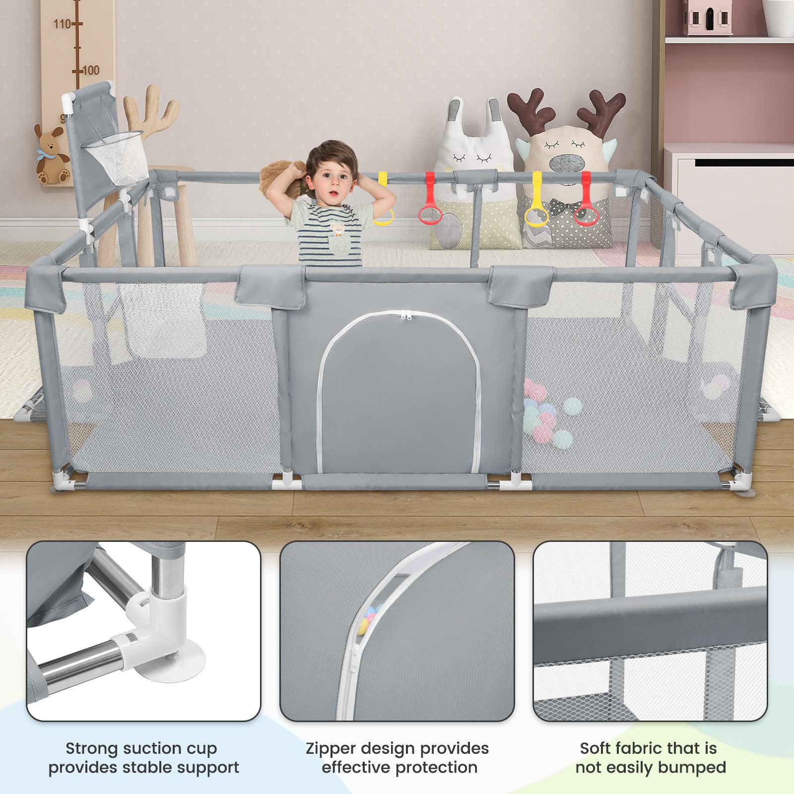 JEOBEST Laufstall Baby Laufgitter - Große Sicherheitsspielplatz, 180x120x66cm - mit Basketball-Netz 50 Ozeanbälle und 4 bunten Ringen – Bild 4 von 5